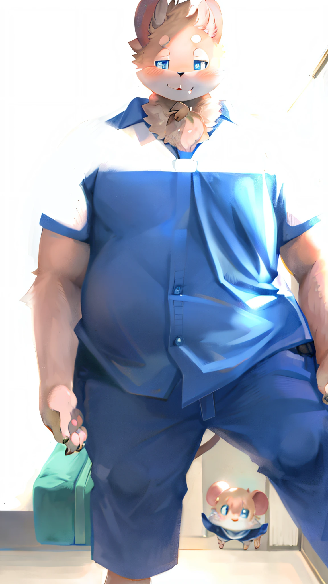niji,Furry,hamster,fur body,Blue eyes,Slightly chubby,Cute face,Mouse paws,Chubby paws,The camera hangs around the neck,Japanese school uniform,Happy expression,looki at viewer,hallways,sufficient light,Solo