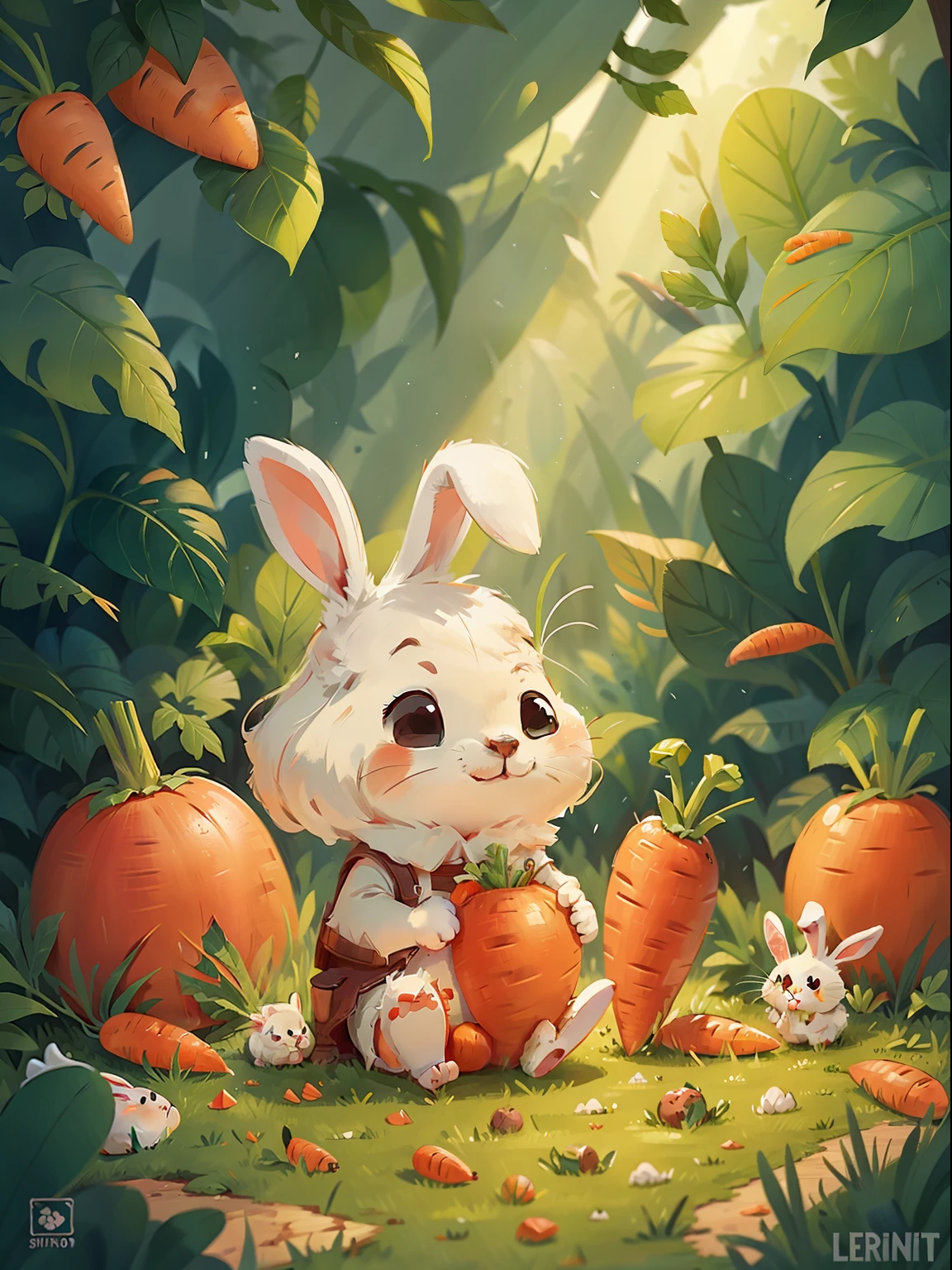 A white rabbit eating a carrot