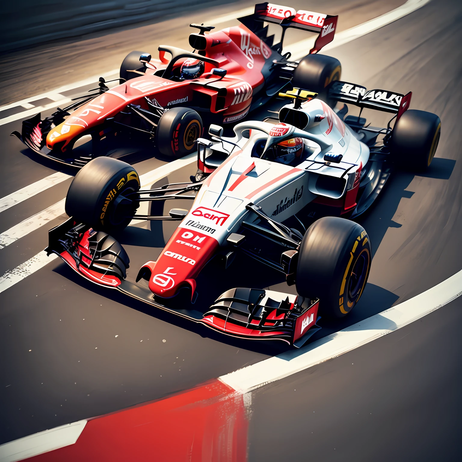 A red Formula 1 car at the corner,The graphics are very fast,There are dazzling lines --auto