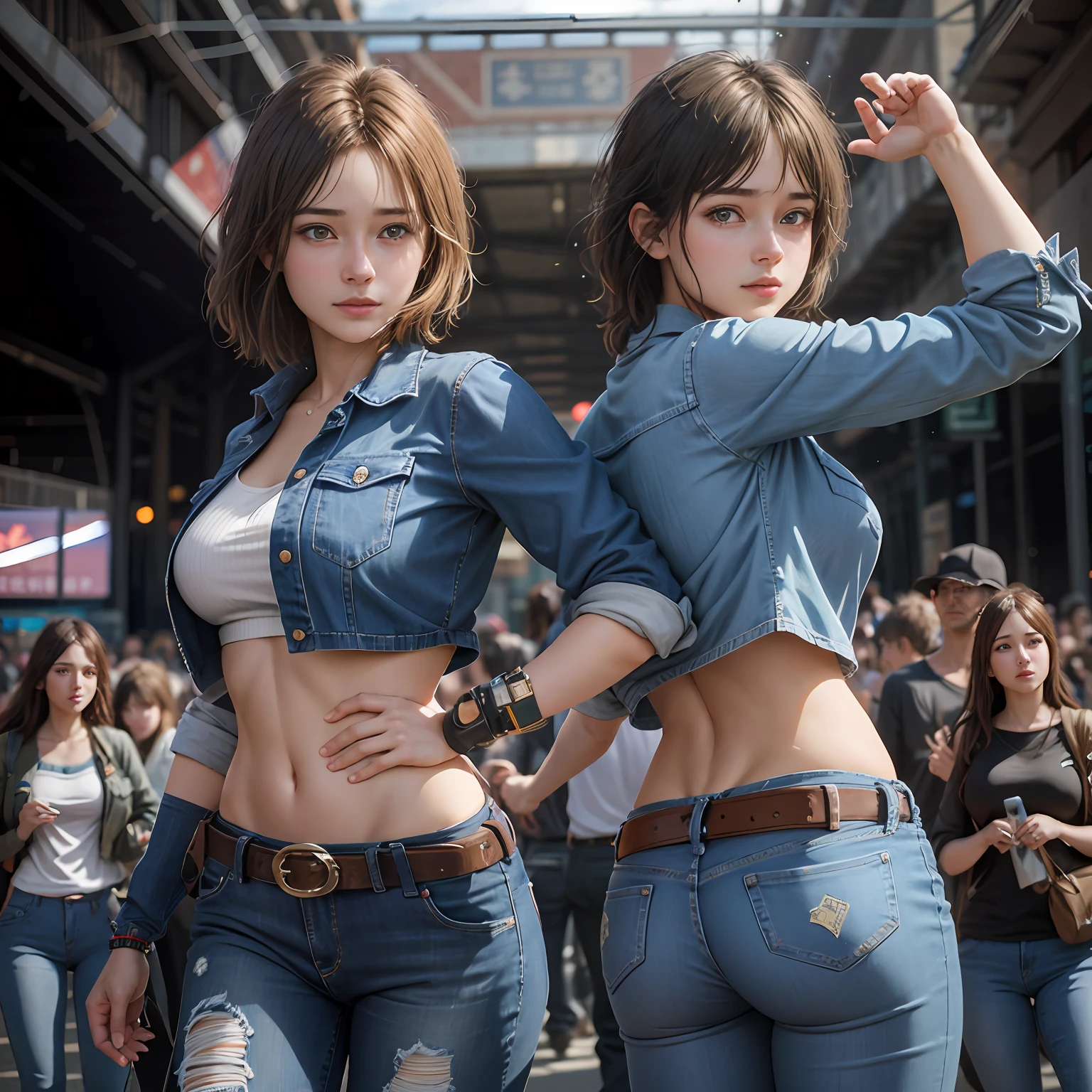 Two women in jeans pose for photos in a crowded place, Blue jeans. Unreal 5, Deviantart ArtStation CGSCOSIETY, trending on cgstation, [ trending on CGSociety ]!!, realistic cosplay, alena aenami and lilia alvarado, full-cosplay, trending at cgstation, Realistic anime 3 D style, Game CG