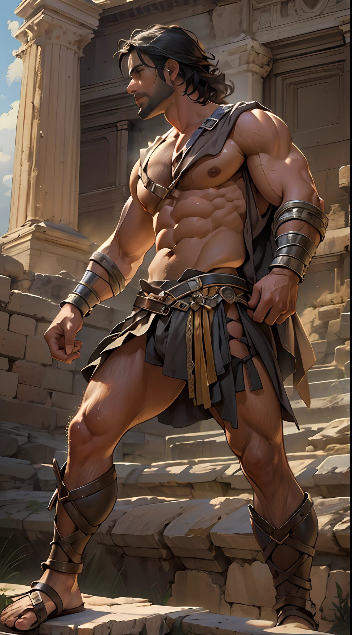 Herculean gladiator, bare chest, lower body revealed from thighs to feet, long curls cascading, meticulous muscle definition, photorealistic portrayal, 4K quality. Background: Colosseum in ancient Rome,32k uhd, best quality, masterpiece, super detail, high details