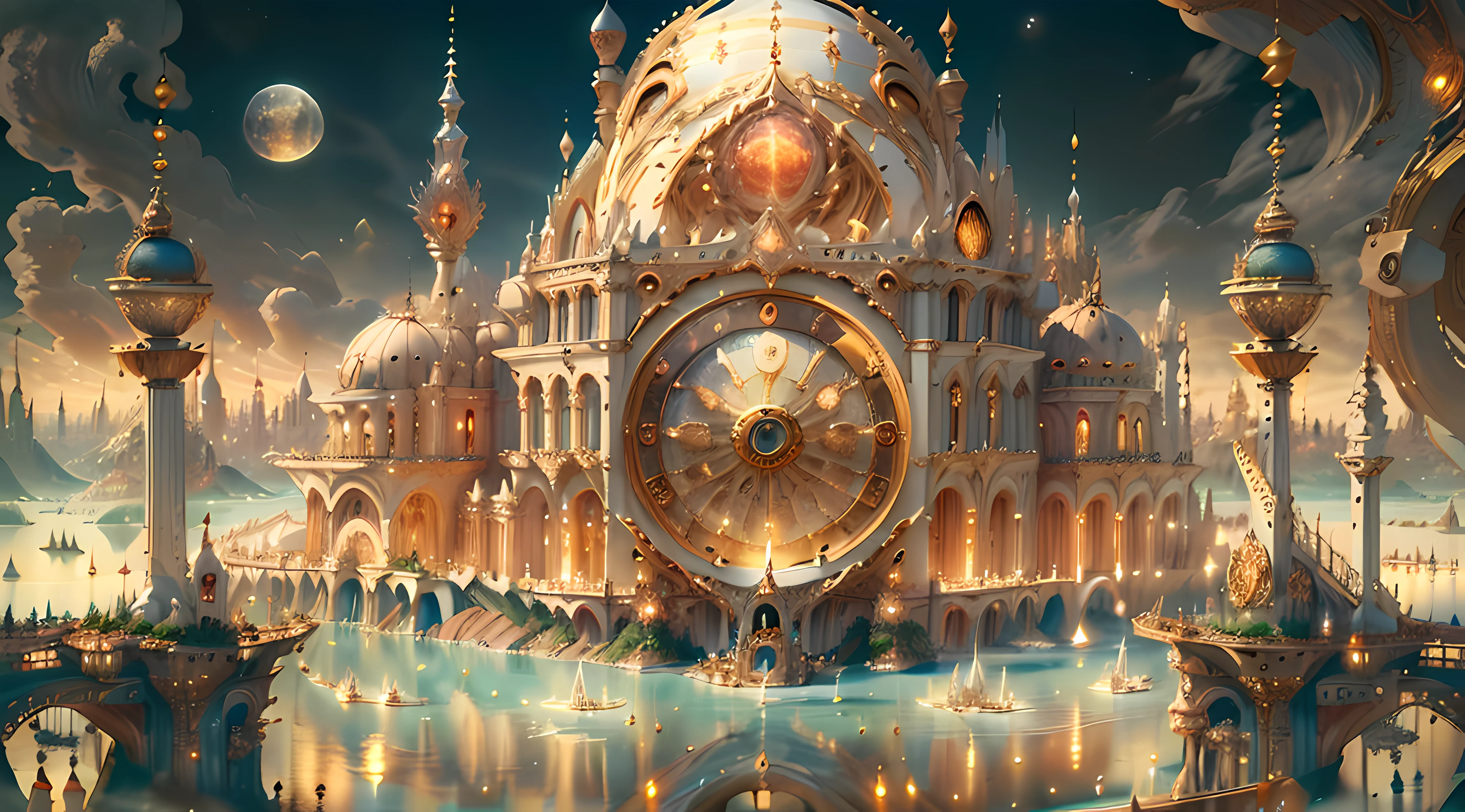 ((((Masterpiece)), Ivory Gold AI City at Night, Isometric, 3D rendering, Very high definition, High detail, There is a big clock on a plate in the water, gorgeous spaceship painting, 4K highly detailed digital art, gorgeous gilded space machine, golden steampunk city atmosphere, fantasy. gondola boat, shocking fantasy 3d rendering, futuristic persian palace, fantasy highly detailed, beautiful detailed fantasy, futuristic palace, detailed fantasy digital art, magic fantasy highly detailed