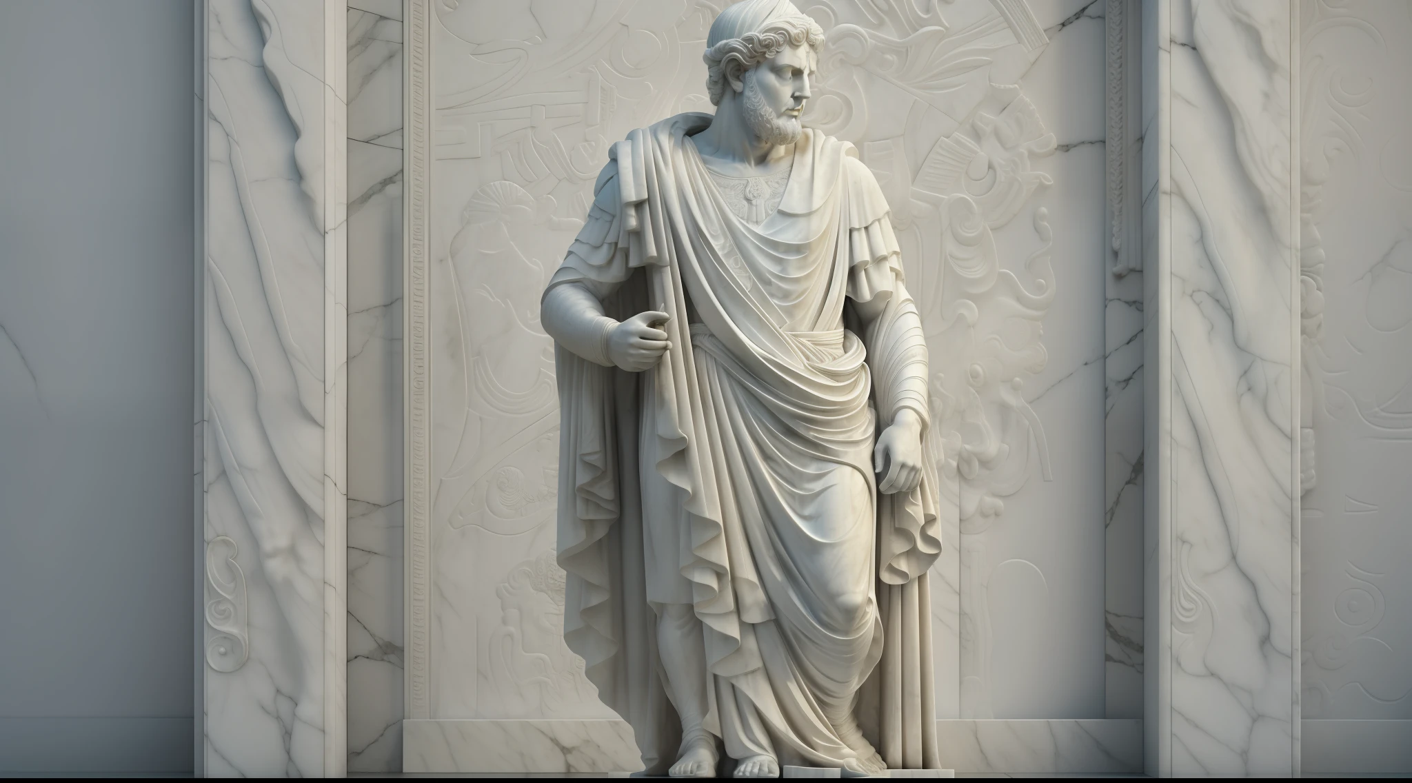 a realistic full body  greek white marble statue of marco aurelio wearing a ghostly toga, neutral background, moody, stoic, photorealistic, cinematic scene, super detailed, hyper realistic, bright lights, 8 k --auto --s2