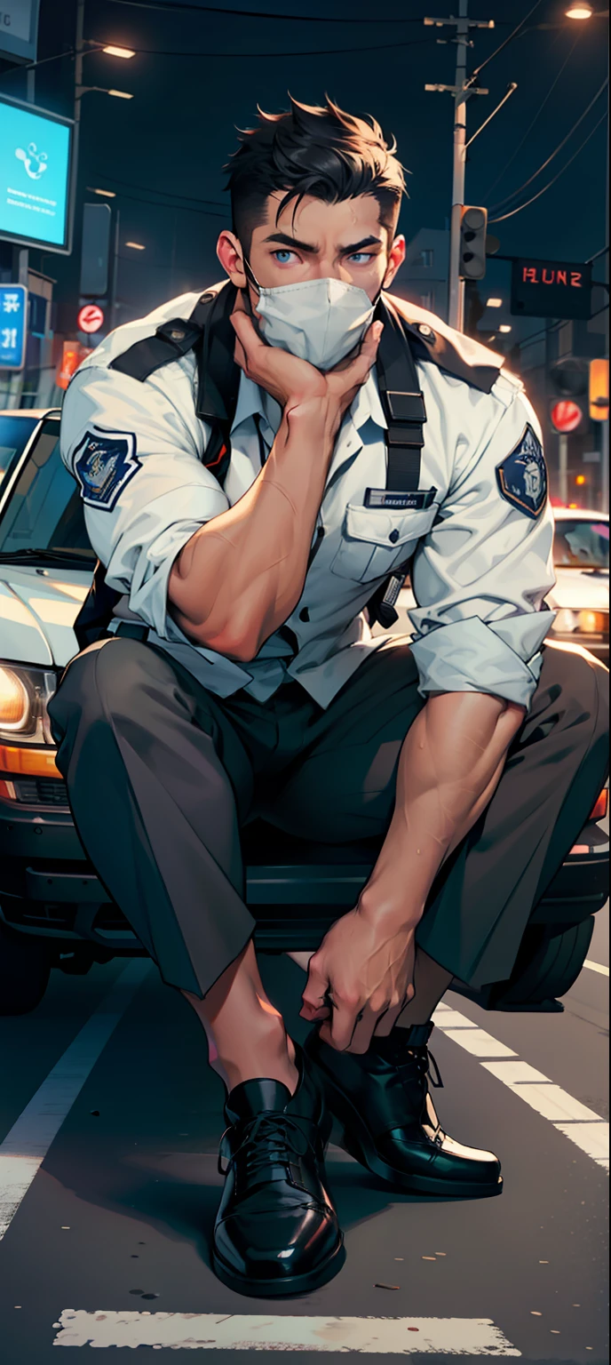 masterpiece, best quality, face, natural eyes, 1man, european, big feet, black socks, full body, (in suits), large bulge, long legs, looking at viewer, 30 years old, muscled and mature, sea, a traffic officer in a crossroad, traffic officer uniform, crossroad, traffic officer, short haircut, blue eyes, flush, organism, face covered with white fluids, sweating, tight cloth, erecting