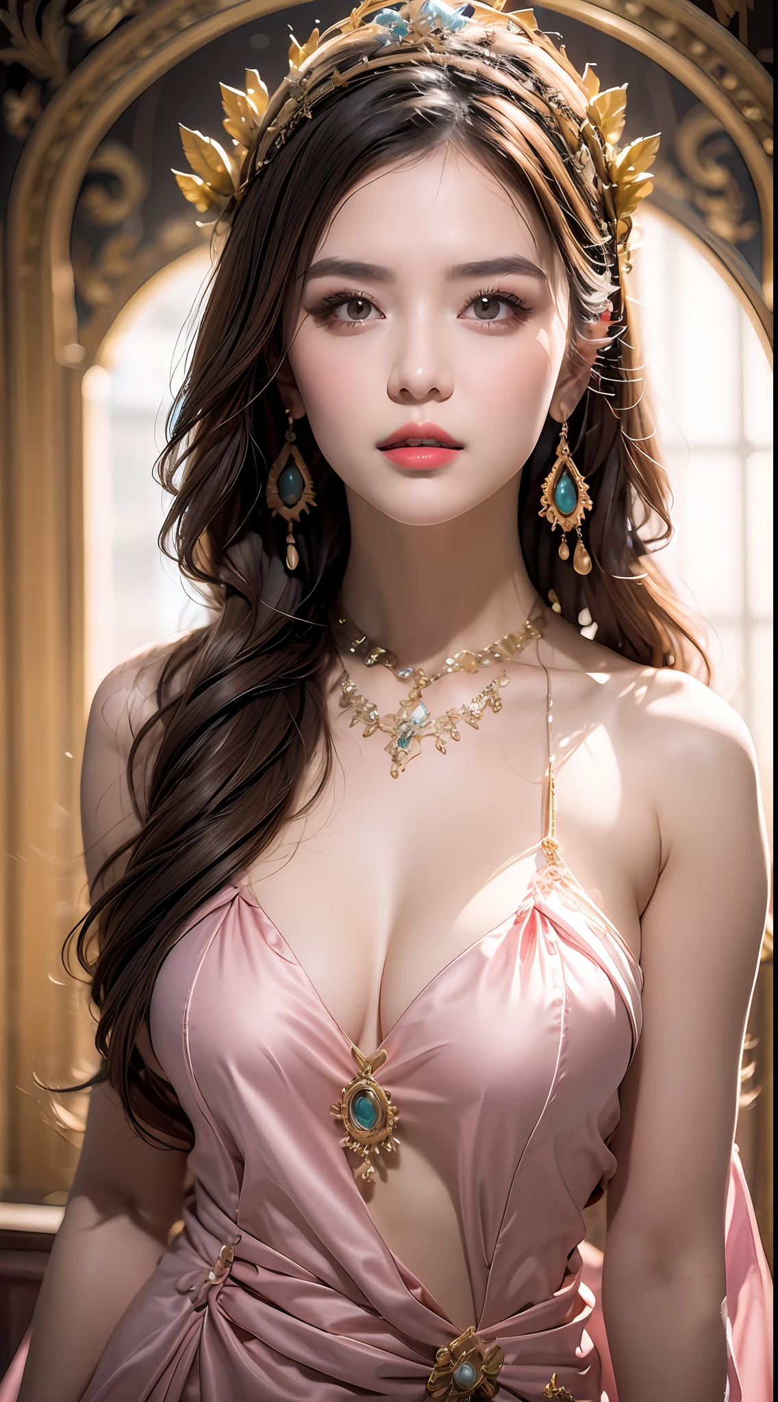 1 girl 20 years old, 1 goddess Athena, pink and purple silk dress with cleavage, beautiful goddess Athena face without blemish, thin cleavage silk nightgown with many colors, long thin women's nightgown with many sexy black lace details, goddess legend, goddess symbol, beautiful goddess style glitter, dark and mysterious version, small crown, well-proportioned, beautiful lips, delicate red lips, 1.9 detailed and beautiful lips ), holy body, super tight and round breasts, phoenix brooch, long bangs, (7 colors of hair rainbow: 1.9), clear beautiful face and well-proportioned eyes, (transparent yellow eyes: 1.8), (big round eyes and meticulous makeup, very beautiful and discreet makeup, very pretty blonde hair, light makeup, long blonde hair, makeup 1.8): the sky's droopy and vivid, the picture is real and fictional space: 1.8), fictional art, RAW photos, hanfu photos, best photos, high resolution, best quality, best photos, surreal portraits, surreal female photos, 8k quality, most beautiful saint portraits, single female jewelry, beautiful color masterpiece, upper body, tyndall effect, real photos, dark studio, border lights, (dalk 8 color pink detail: high resolution, soft light, high quality, h, Smooth and sharp, 10x pixelation, sexy goddess , sexy goddess: 1.8), (beautiful eyeshadow background: 1.8), (background place galaxy: 1.8), gap eyes, (best gaping eyes, perfect eyes, pretty girl solo: 1.8), (flowers: 1.8)
