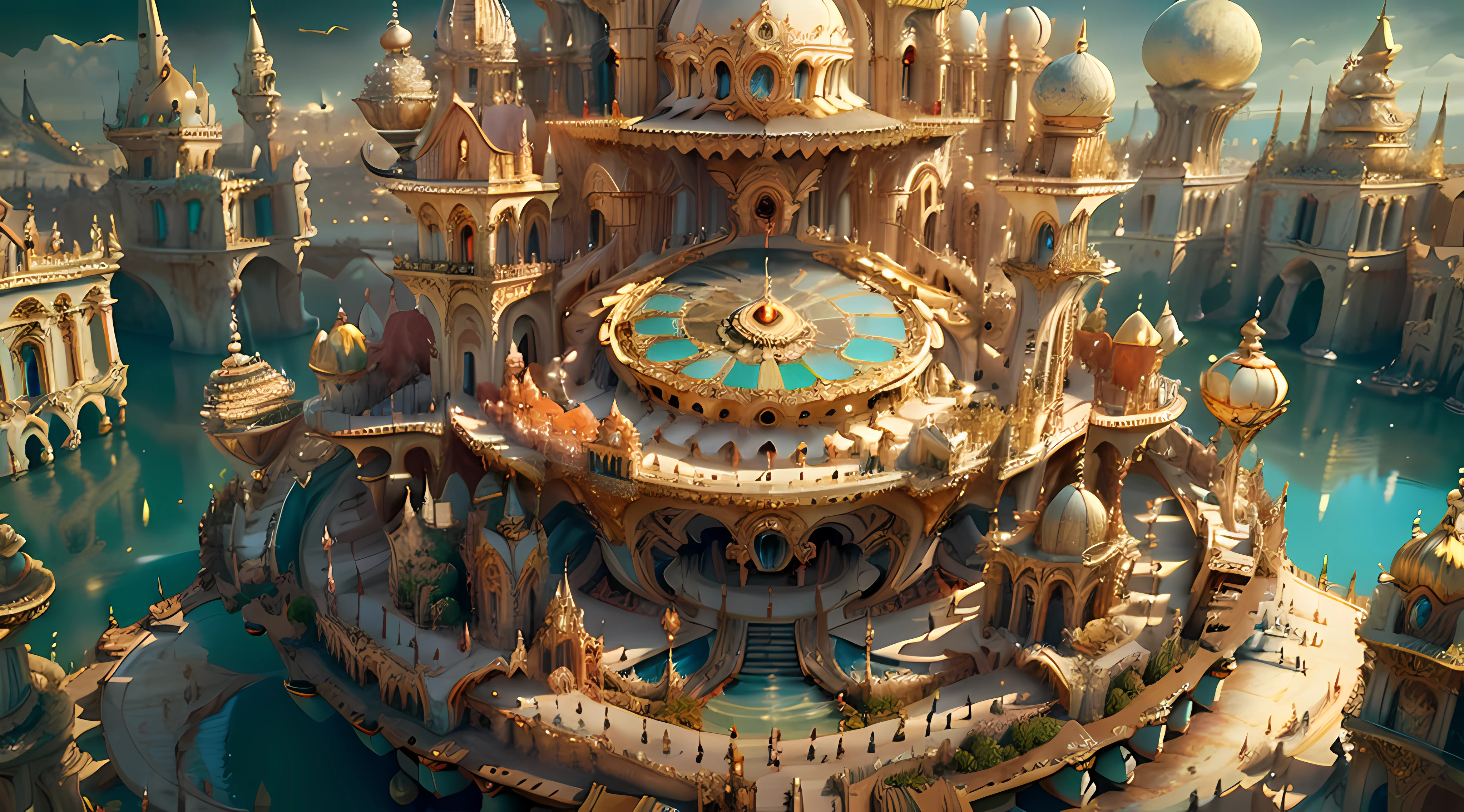 ((((Masterpiece)), Ivory Gold AI City at Night, Isometric, 3D rendering, Very high definition, High detail, There is a big clock on a plate in the water, gorgeous spaceship painting, 4K highly detailed digital art, gorgeous gilded space machine, golden steampunk city atmosphere, fantasy. gondola boat, shocking fantasy 3d rendering, futuristic persian palace, fantasy highly detailed, beautiful detailed fantasy, futuristic palace, detailed fantasy digital art, magic fantasy highly detailed