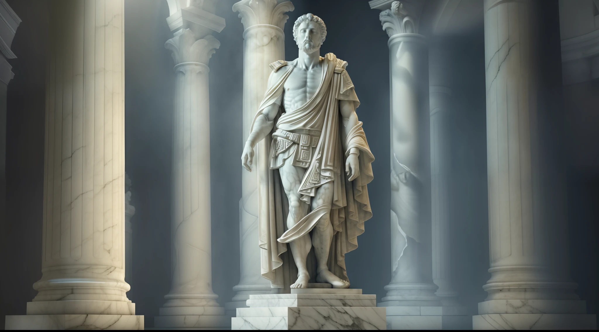 a realistic full body  greek white marble statue of marco aurelio wearing a ghostly toga, neutral background, moody, stoic, photorealistic, cinematic scene, super detailed, hyper realistic, bright lights, 8 k --auto --s2