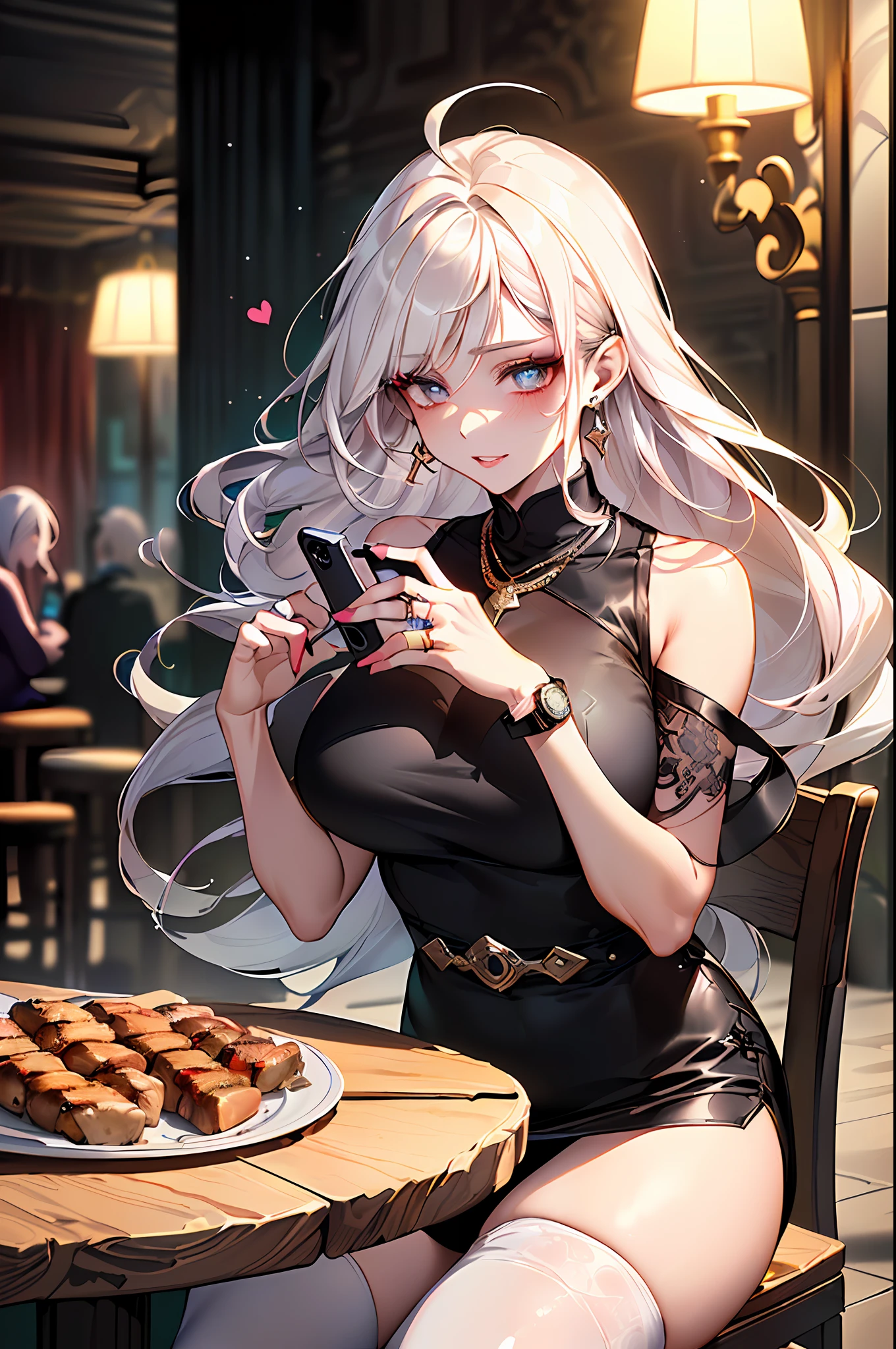Morning,White color hair,(best qualtiy,8K,tmasterpiece),(sitting on a stool,There was a lot of grilled meat on the table,Holding a cell phone in his hand,Capture),(one pretty woman,having fun,long white hair,Long messy hair,curlies,Huge eyes:1.3,Long eyelashes,Delicate makeup:1.4,Sexy lips,Blushlush),(Exquisite watches,Reflective necklace,Bulgari's earrings,Bulgari's ring),(sitting on a stool,There was a lot of grilled meat on the table,Holding a cell phone in his hand,Capture),(Fashionable outfits,Black top,Mrs. GUI,black cloaths,),(middle breasts,endure),(Black oily transparent stockings),(Very short skirt,Superskirt),Light ripe,Royal Sister,Best light,Best shadow,电影灯光,45 years old,1girll,Need,(realskin,Supple skin)Ray traching,Unreal Engine 5,Reflective skin,Digital illustration,Game CG characters,super model,(kpop,heartthrob),(Body edge lighting,Colored light sources are around),There is wind blowing hair,Looking into the distance