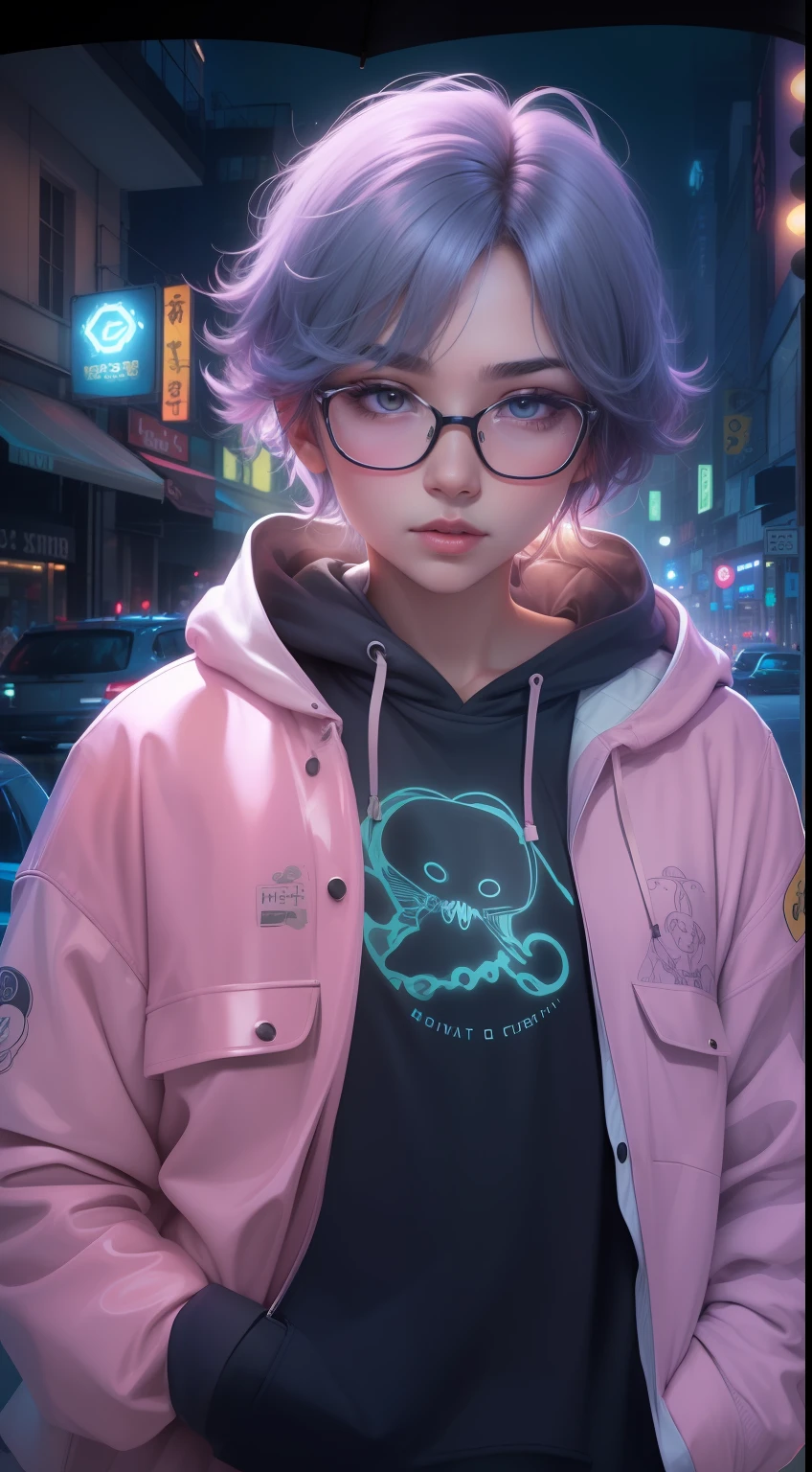 (masterpiece, best quality, wallpaper, highres,8k,highly detailed), original character, ((head portrait, close-up)), professional light, sharp shadow, dramatic angles, (detailed face), 1 beautiful teenager girl, rounded face, ((masculine very short hair)), hair between eyes, [dark blue hair:purple hair:0.65], (round dark glasses), shiny pink eyes, shiny skin, beautiful face, muscular body, (pop art hoodie), octopus shaped accessories, hot summer night, (magic circle), explosions, charming neon light, (metropolitan area, modern futuristic city), outdoors, in front of people, in public, (remarkable night scene), charming ambient light, blue theme paintings, colors mashing.ulzzang-6500:0.5
