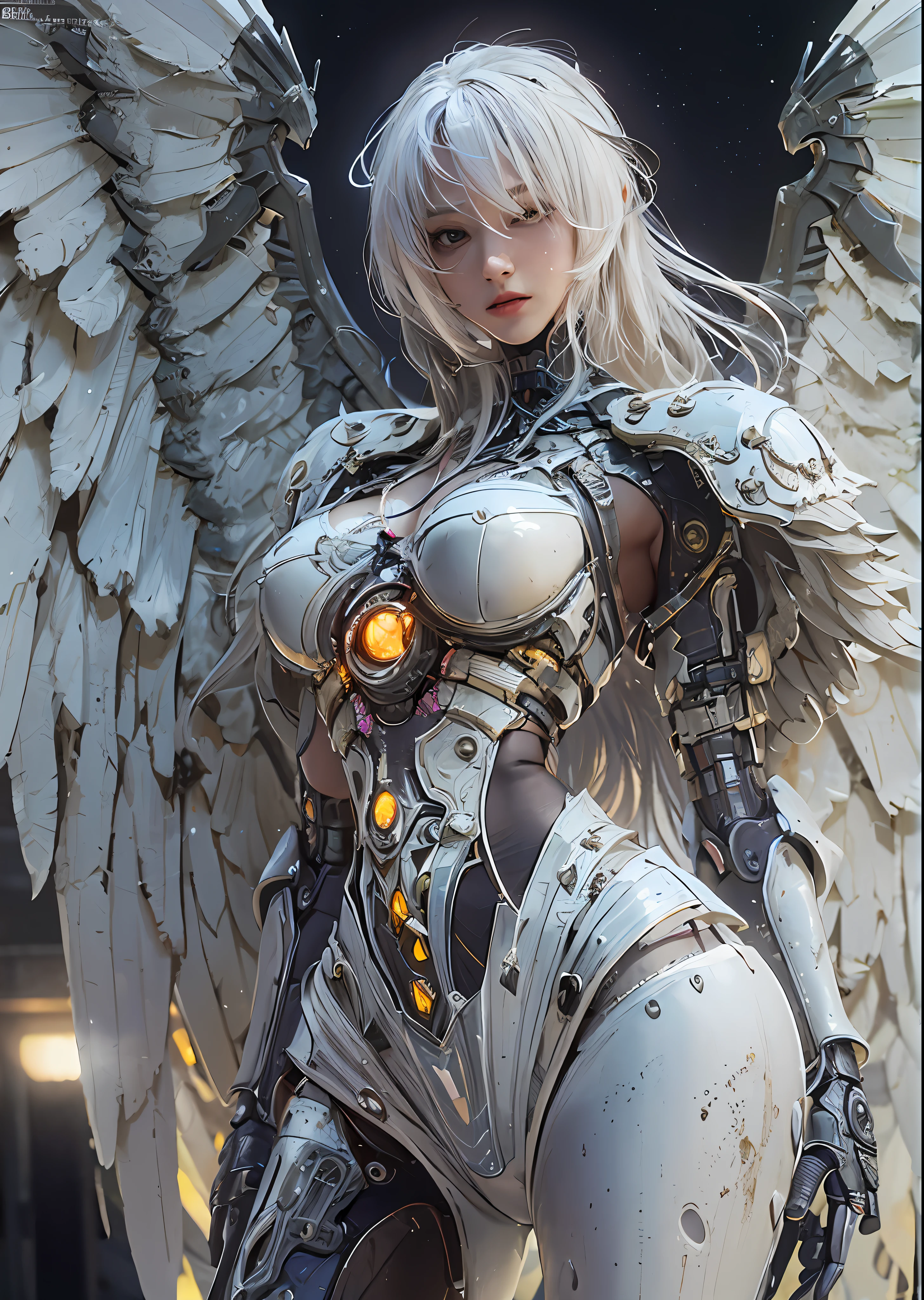 top-quality、masterpiece、超A high resolution、(Photorealsitic:1.4)、Raw photo、Steampunk Battle Cyborg Angel、large wings made of metal、White porcelain body、Acrylic Clear Cover、white hair、glowy skin、1 Cyborg Girl、((super realistic details))、portlate、globalillumination、Shadow、octan render、8K、ultrasharp、character edge light,Colossal tits、Raw skin is exposed in cleavage、Details of complex ornaments、Sumerian details、Hydraulic cylinder、Small LED lamp、highly intricate detail、Realistic light、a purple eye、radiant eyes、Facing the camera、neon details、cowboy shot、Futuristic headgear、About Cyberpunk、、