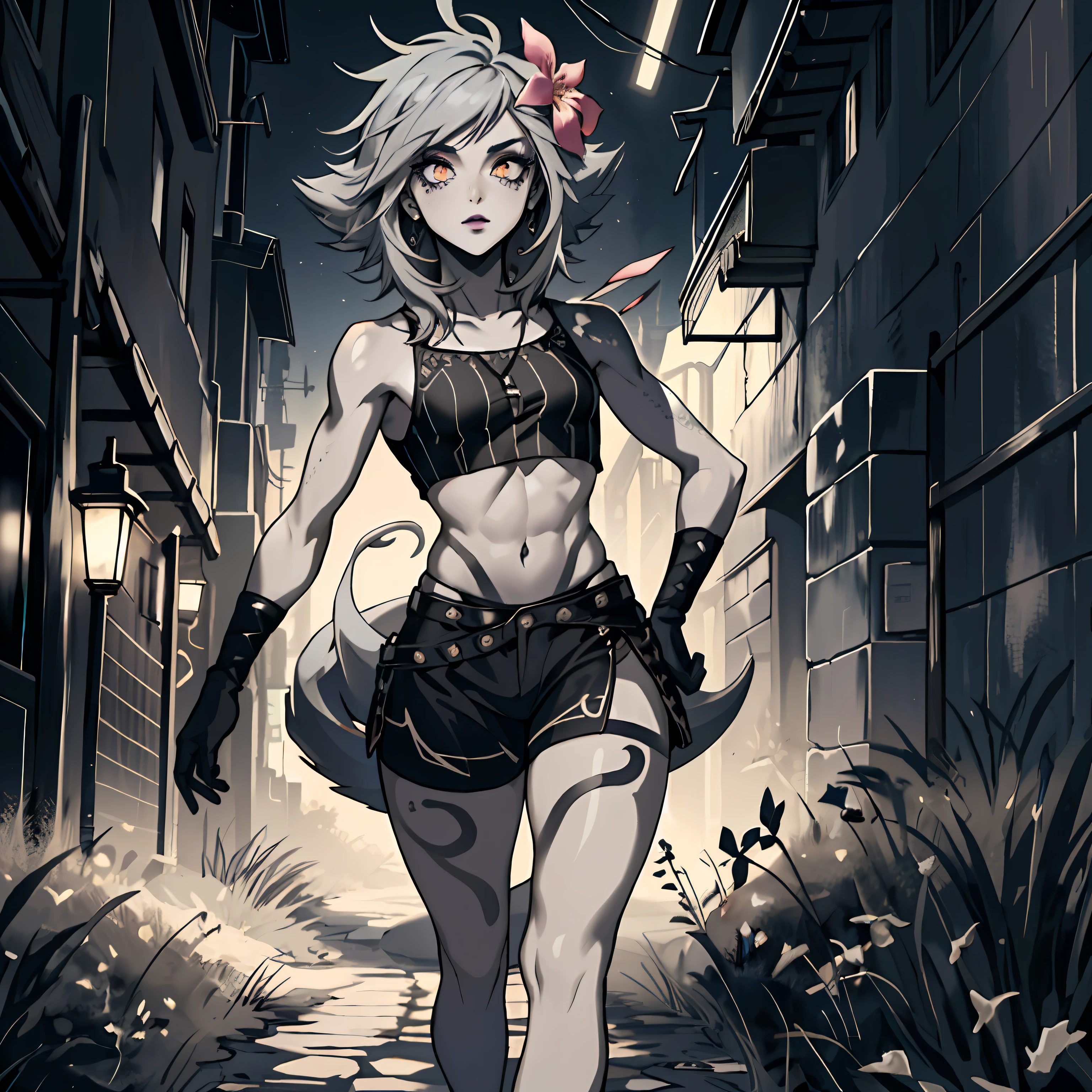 ((Cinematic light, Best quality, 8k, Masterpiece :1.3)), 1girl, Beautiful woman with thin abs :1.4, (light grey hair, small breasts :1.3), hopefully falling, seductive open lips, ultra-detailed face, detailed eyes, double eyelidwork, best quality, black hair flower, dark body painting, ((calango tail)),((goth)), steamy, sexual teasing, jojo position, hands shining purple, (((black makeup))), light grey skincolor, grey skin, unusual skincolor, ((pale white skin)), black bodypaint, ((black crop top)), jojo pose, ((black shorts)),