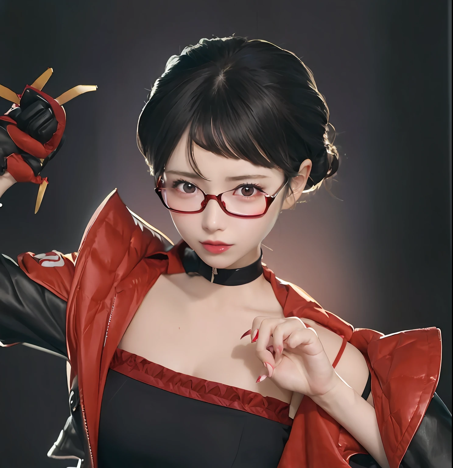 anime girl with glasses and a red jacket posing for a picture, made with anime painter studio, anime styled digital art, persona 5 art style wlop, portrait of a female anime hero, digital anime illustration, detailed digital anime art, anime style portrait, painted in anime painter studio, portrait of anime woman, digital anime art, anime style digital art, anime style 4 k 8k clenched fist position red eyes With a background atmosphere in the Japanese countryside