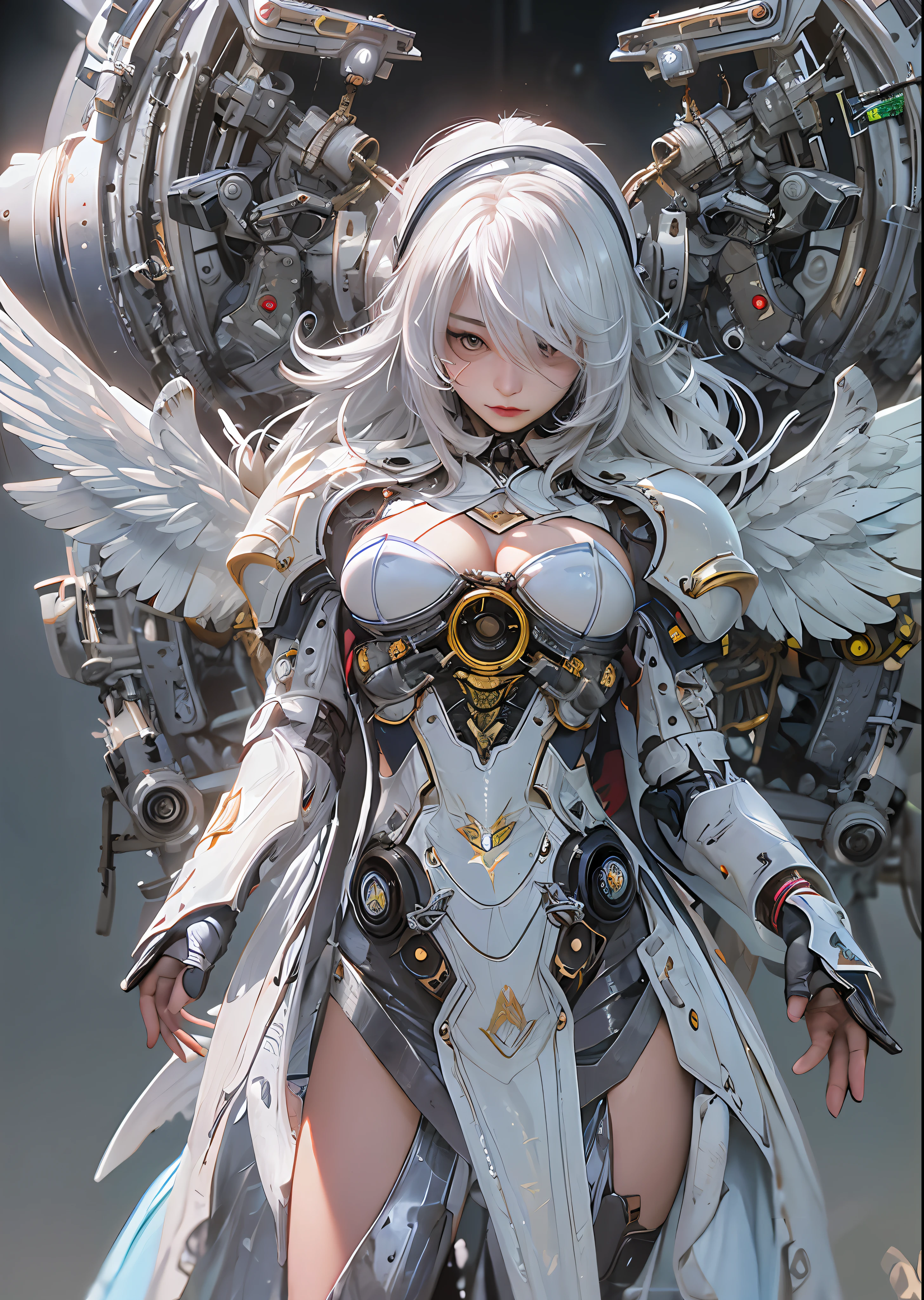 top-quality、​masterpiece、超A high resolution、(Photorealsitic:1.4)、Raw photo、Steampunk Battle Cyborg Angel、large wings made of metal、White porcelain body、Acrylic Clear Cover、white  hair、glowy skin、1 Cyborg Girl、((super realistic details))、portlate、globalillumination、Shadow、octan render、8K、ultrasharp、character edge light,Colossal tits、Raw skin is exposed in cleavage、Details of complex ornaments、Sumerian details、Hydraulic cylinder、Small LED lamp、highly intricate detail、Realistic light、a purple eye、radiant eyes、Facing the camera、neon details、cowboy  shot、Futuristic headgear、About Cyberpunk、、