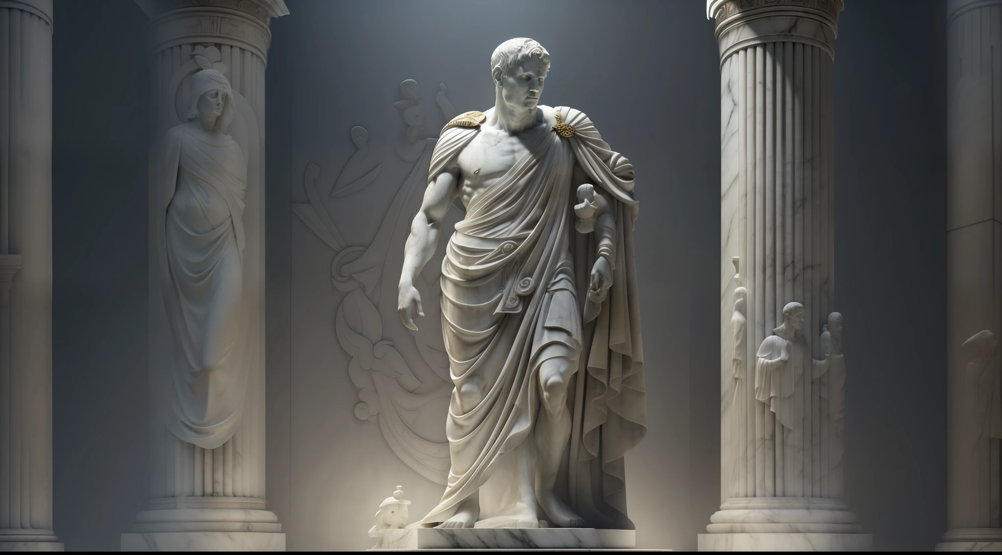 a realistic full body  greek white marble statue of julius caesar wearing a ghostly toga, neutral background, moody, , photorealistic, cinematic scene, super detailed, hyper realistic, bright lights, 8 k