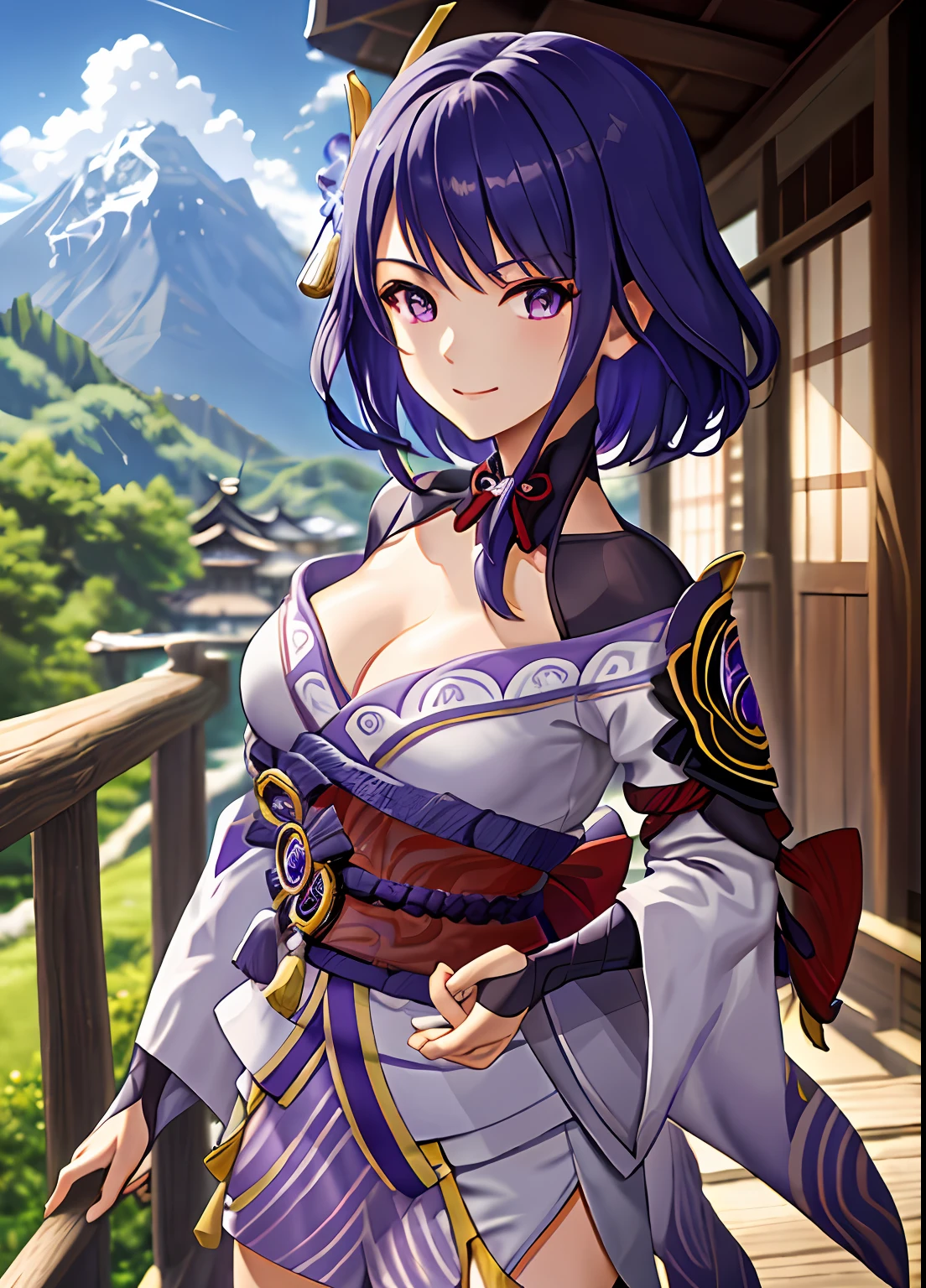 raidenshogundef, upper body, smile, blush, outdoors, day, simple background, blue sky, short hair, sky, temple, looking at viewer, stairs, mountain, moody lighting, facing viewer,