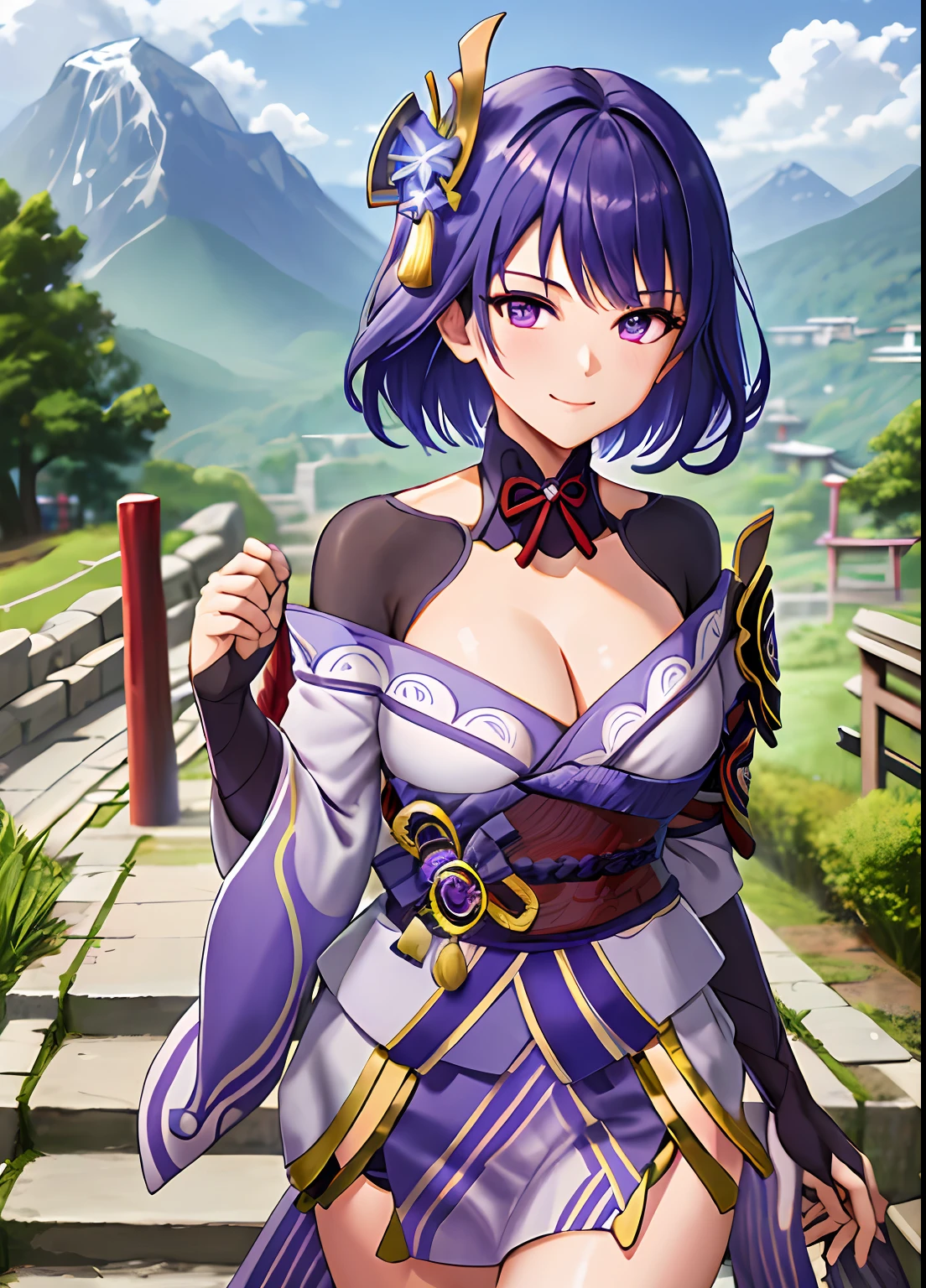 raidenshogundef, upper body, smile, blush, outdoors, day, simple background, blue sky, short hair, sky, temple, looking at viewer, stairs, mountain, moody lighting, facing viewer,
