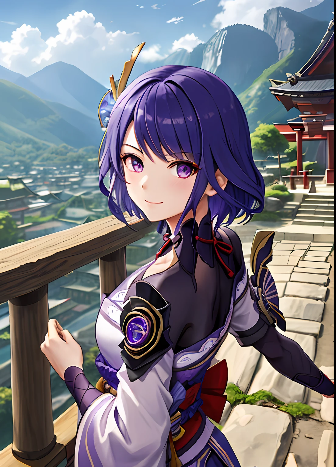 raidenshogundef, upper body, smile, blush, outdoors, day, simple background, blue sky, short hair, sky, temple, looking at viewer, stairs, mountain, moody lighting, facing viewer,