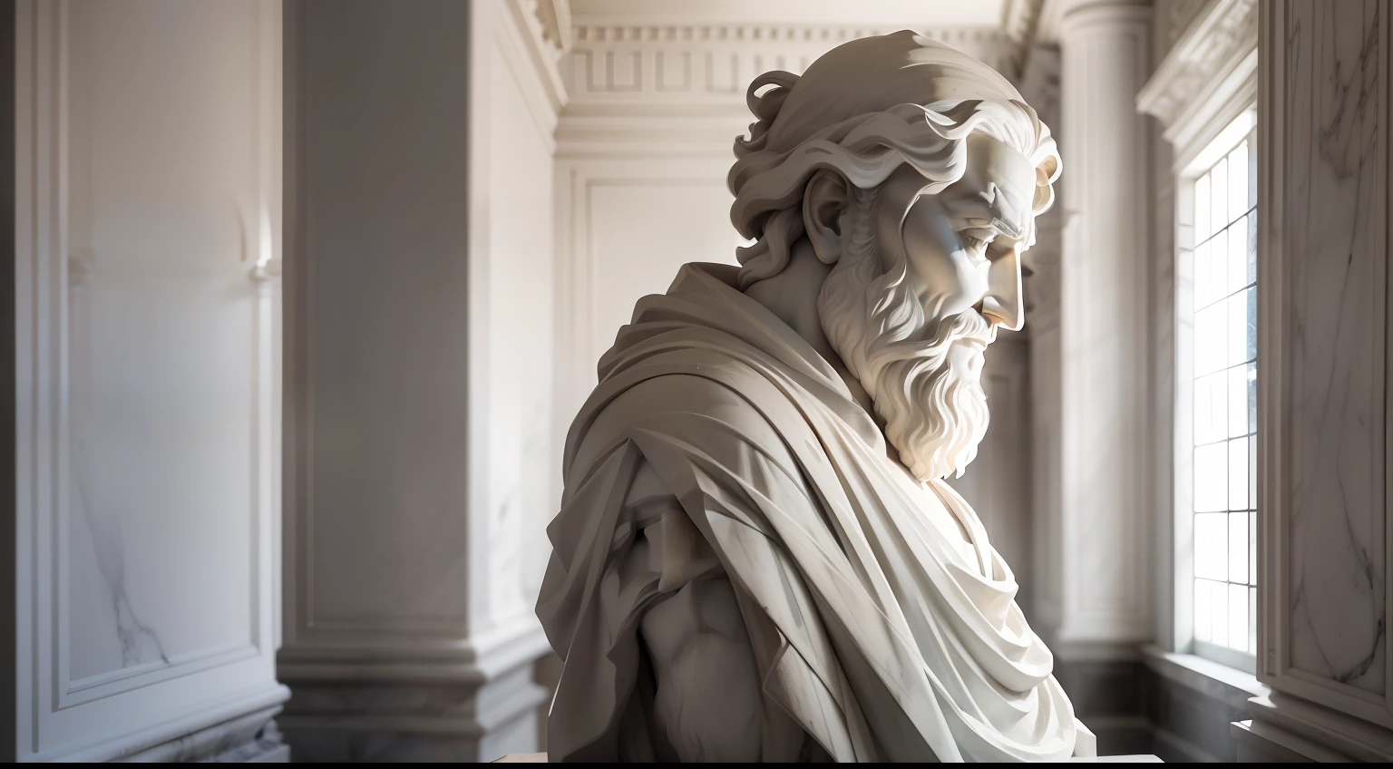 White marble statue of bust of wise man with the style of the bearded Greek philosopher in the museum. Atmosfera escura, alto contraste de luz e sombra, fotografia profissional, ultra realista, Light Volumetric, cinemactic