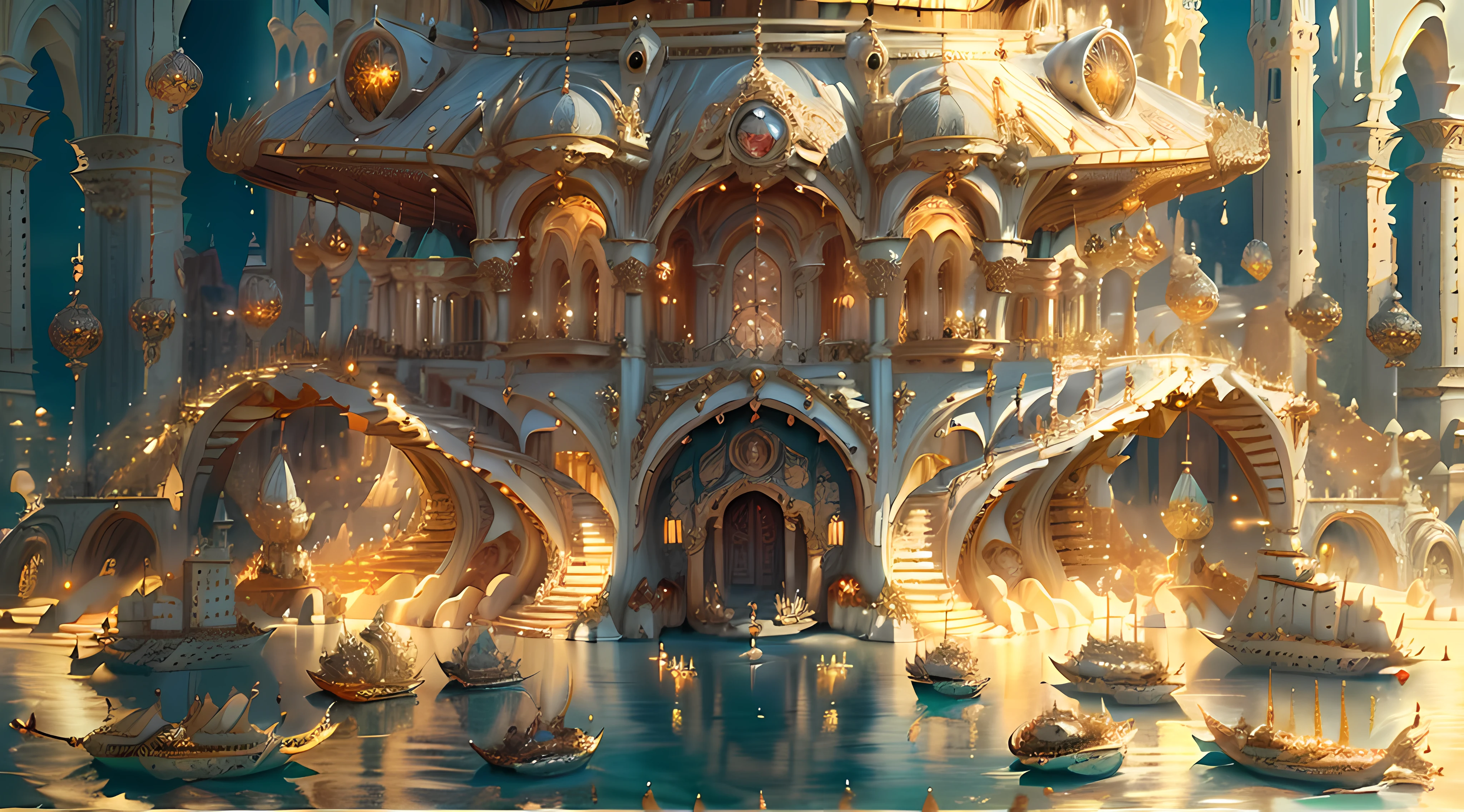 ((((Masterpiece)), Ivory Gold AI City at Night, Isometric, 3D rendering, Very high definition, High detail, There is a big clock on a plate in the water, gorgeous spaceship painting, 4K highly detailed digital art, gorgeous gilded space machine, golden steampunk city atmosphere, fantasy. gondola boat, shocking fantasy 3d rendering, futuristic persian palace, fantasy highly detailed, beautiful detailed fantasy, futuristic palace, detailed fantasy digital art, magic fantasy highly detailed