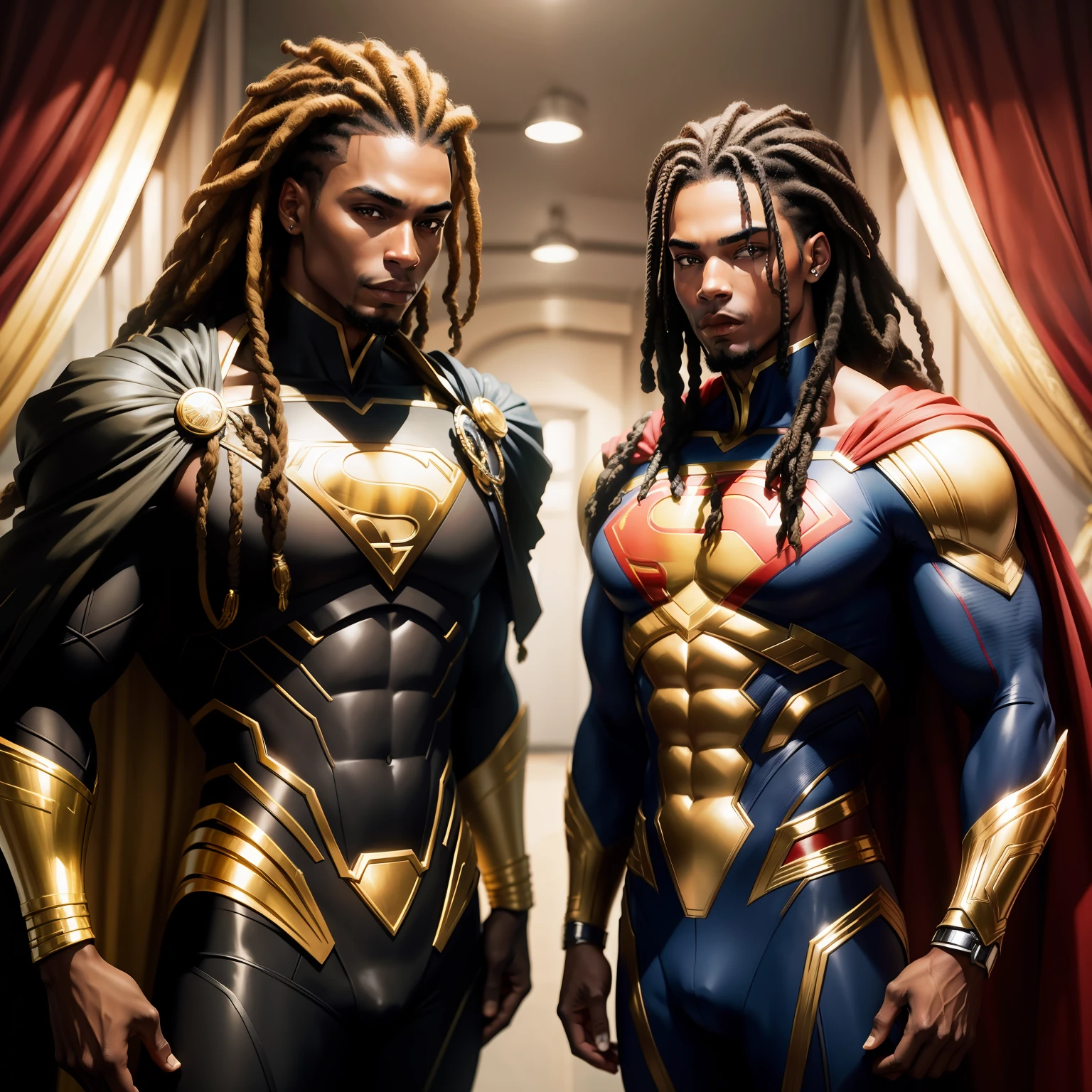 Black male with dreadlocks, Superman suit colored gold and black, Superman