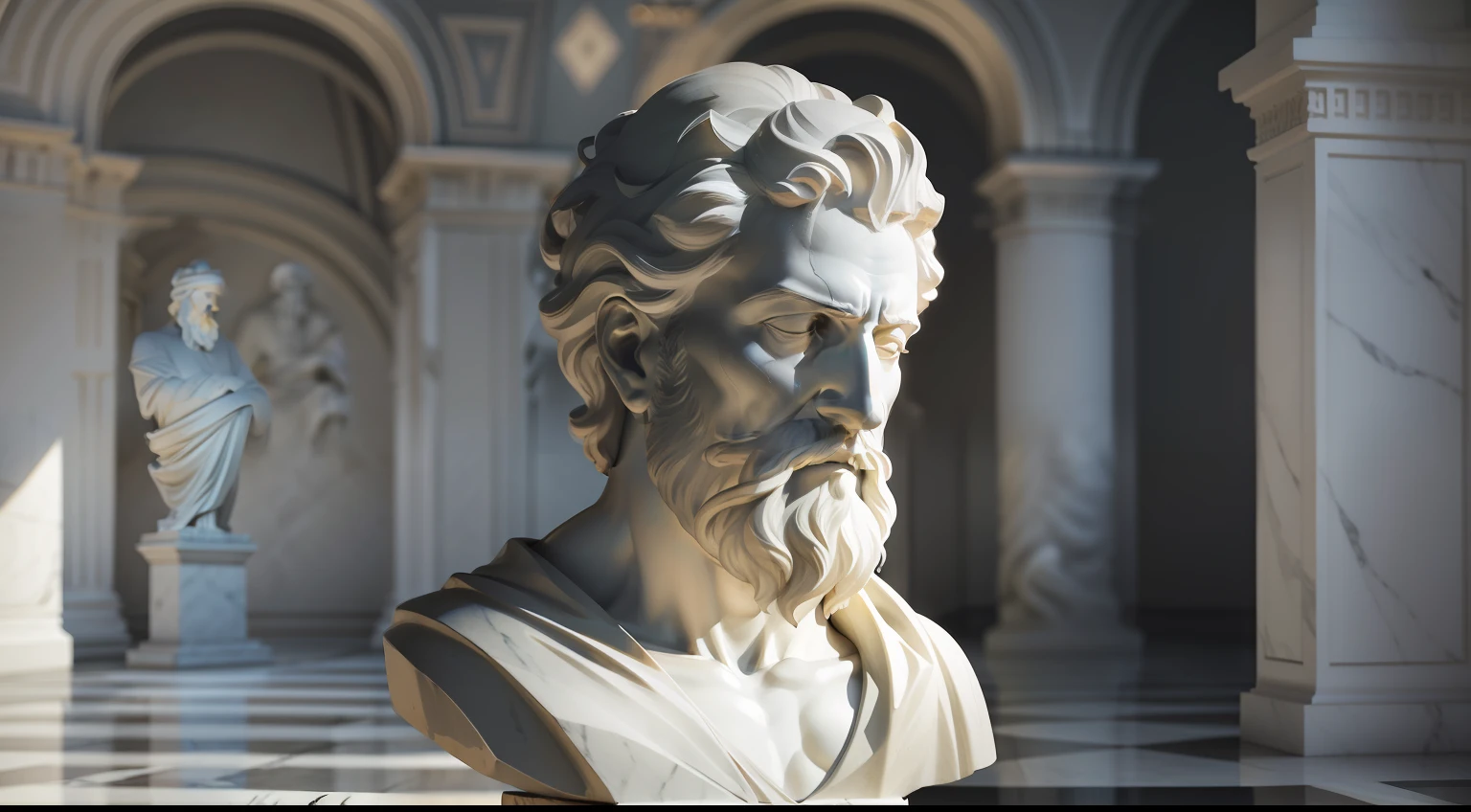 White marble statue of bust of wise man with the style of the bearded Greek philosopher in the museum. Atmosfera escura, alto contraste de luz e sombra, fotografia profissional, ultra realista, Light Volumetric, cinemactic