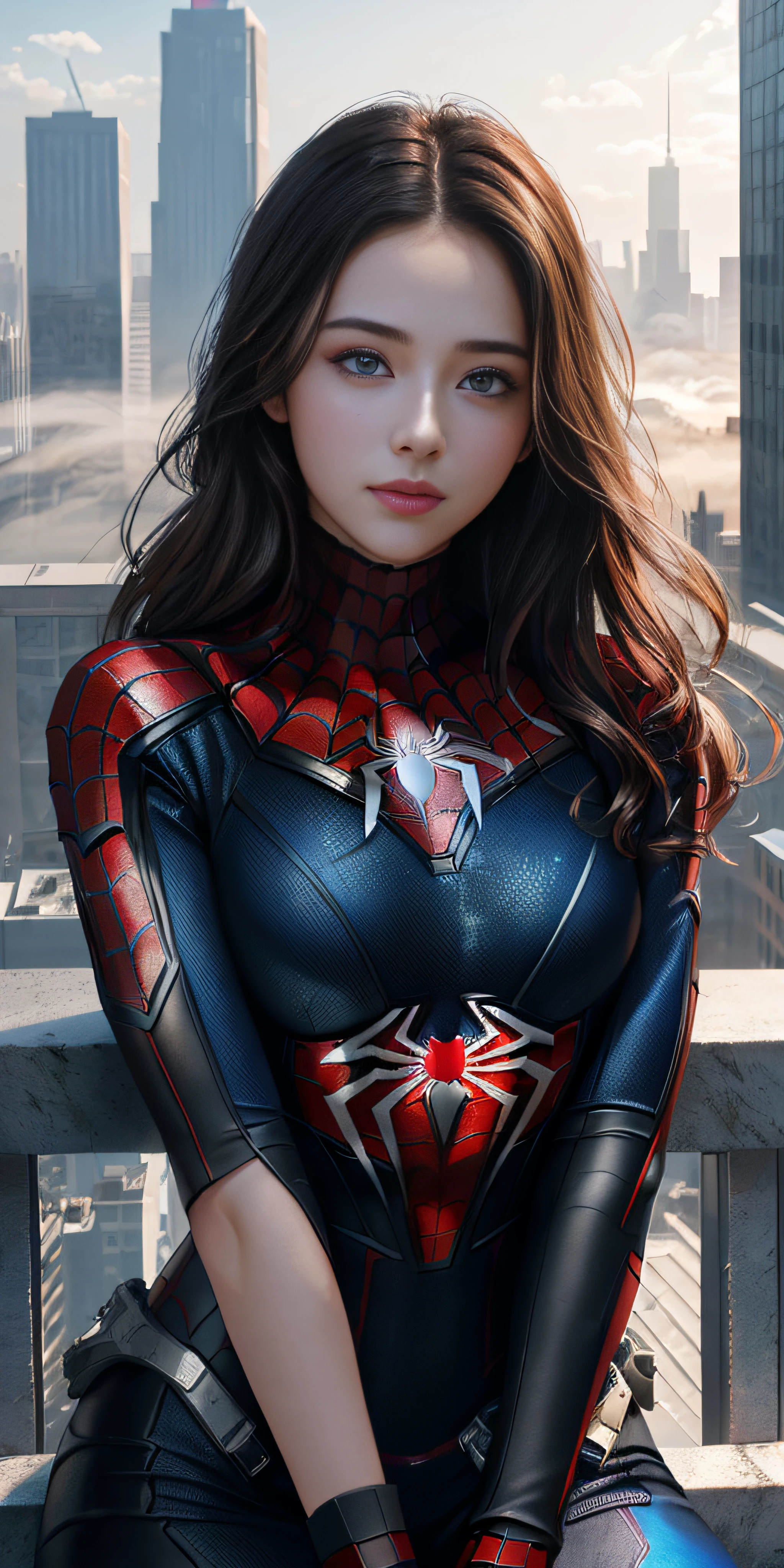 (1girl:1.3), Solo, (((Very detailed face)))), ((Very detailed eyes and face)))), Beautiful detail eyes, Body parts__, Official art, Unified 8k wallpaper, Super detailed, beautiful and beautiful, beautiful, masterpiece, best quality, original, masterpiece, super fine photo, best quality, super high resolution, realistic realism, sunlight, full body portrait, amazing beauty, dynamic pose, delicate face, vibrant eyes, (from the front), She wears Spider-Man suit, red and black color scheme, spider, very detailed city roof background, rooftop, overlooking the city, detailed face, detailed complex busy background, messy, gorgeous, milky white, highly detailed skin, realistic skin details, visible pores, clear focus, volumetric fog, 8k uhd, DSLR, high quality, film grain, fair skin, photo realism, lomography, futuristic dystopian megalopolis, translucent