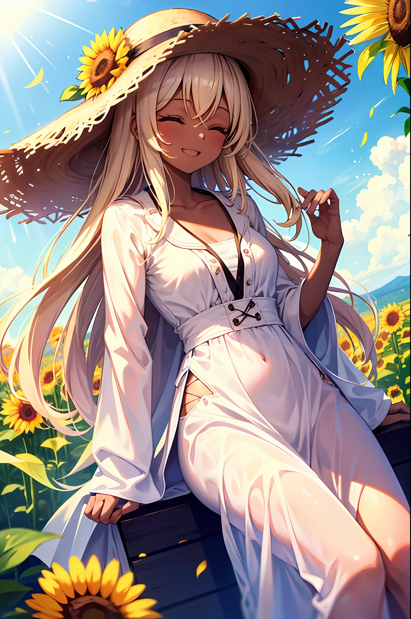 Highest quality, The Masterpiece, unbelievably beautiful, very delicate 8k wallpaper, Transcendently Beautiful Girl, gals, (dark skin), (long Blonde Hair Pink Gradient Hair), BREAK, Open your mouth and laugh smile, long eyelashes, makeup, closed eyes, BREAK, Straw hat, (White one piece), Sunflower field, hair and clothes fluttering in the wind,