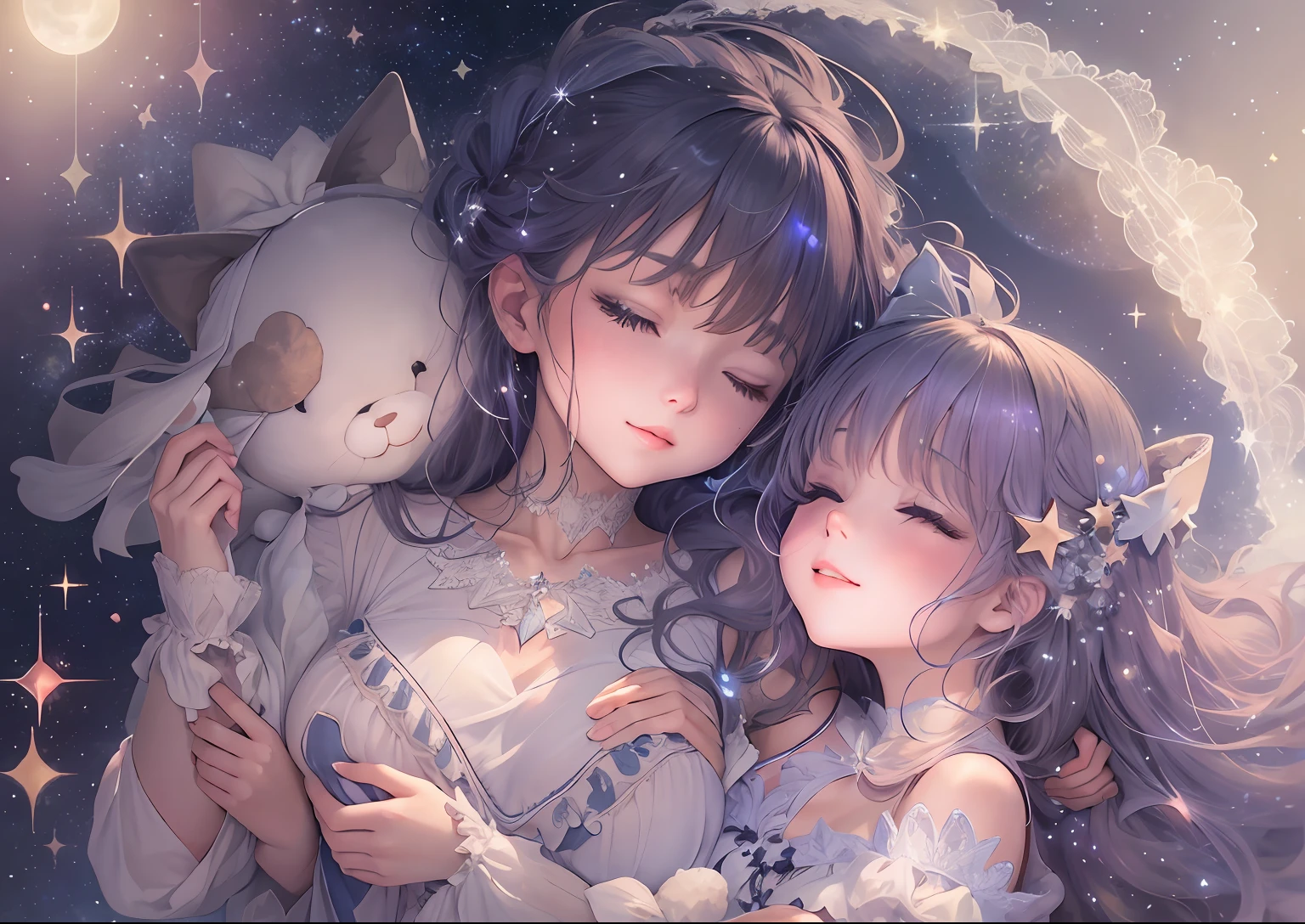 starrysky，nigh sky， As estrelas，themoon，Lovers，hugs，Hand in hand，𝓡𝓸𝓶𝓪𝓷𝓽𝓲𝓬，the night，Snuggle up to each other， meteors，Heart，shared，blissful，Love，Mood，big breasts beautiful，dream magical，Dance sweetly