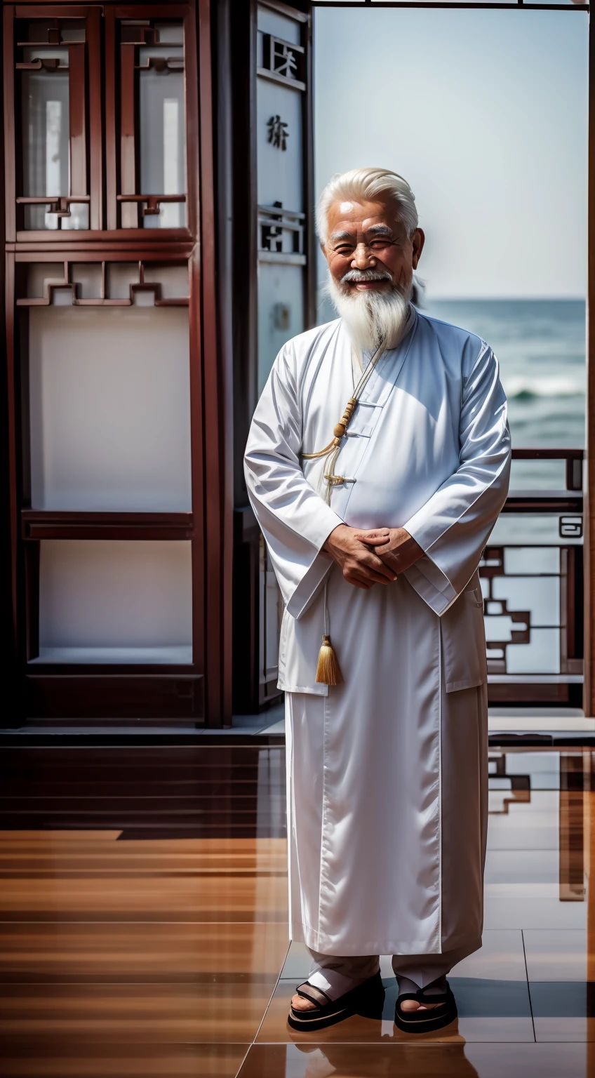 Chinese old man、white hair smile、Beard