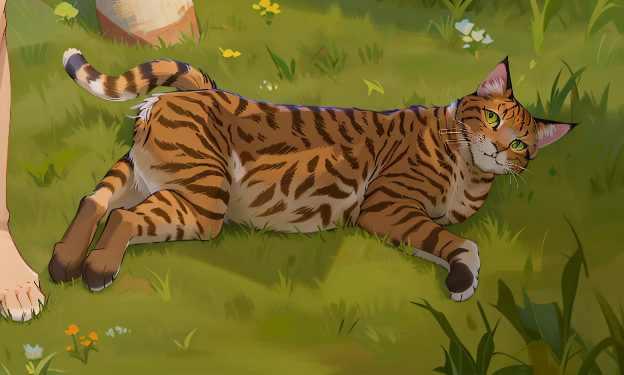 Have a cat, Anime-style cat, which lies on the grass, paws are placed in different directions, and in the middle of the tail;, as in the cartoon Anime, The cat lies on the grass upside down with its paws, Feline giraffe hybrid, , The whole body of a cat, Reclining cat,