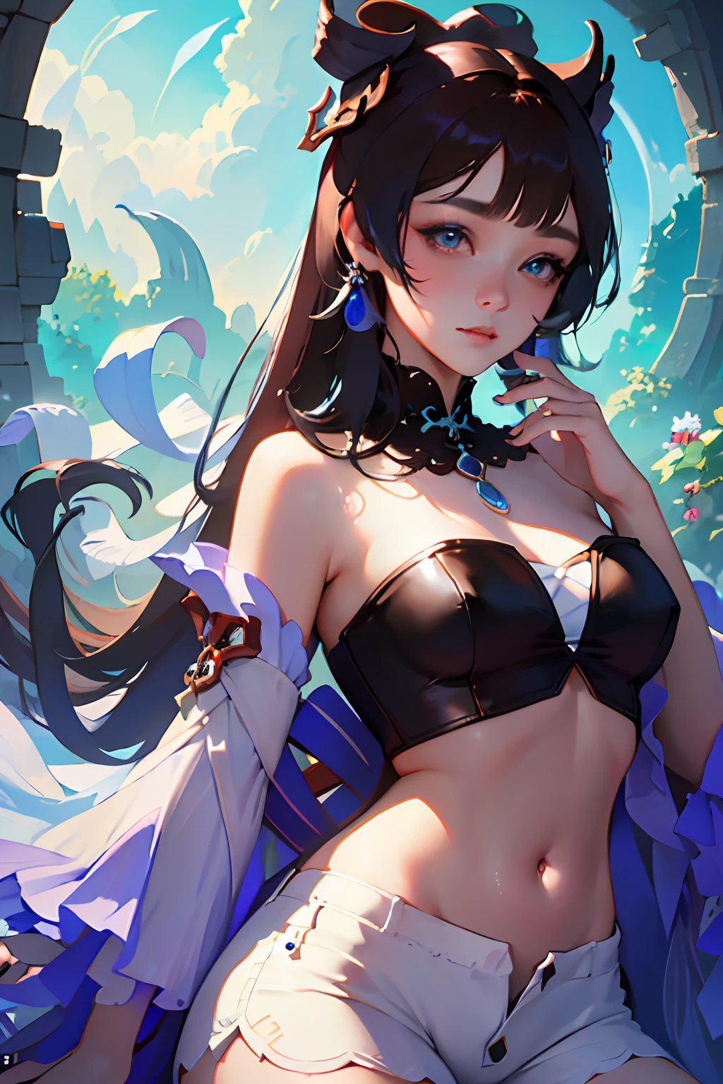 masterpiece, best quality, 1girl, aqua eyes, black hair, closed mouth, multicolored background, looking at viewer, outdoors, solo, upper body, alluring, clean, beautiful face, pure face, pale skin, sexy pose,((tube top, off shoulder, navel, shorts)), long hair, ((perfect female figure)), mature female, milf, narrow waist, chinese deity, seductive, highly detailed,best quality, masterpiece, highres, original, extremely detailed 8K wallpaper,masterpiece, best quality, illustration, beautifully detailed eyes, cinematic lighting,