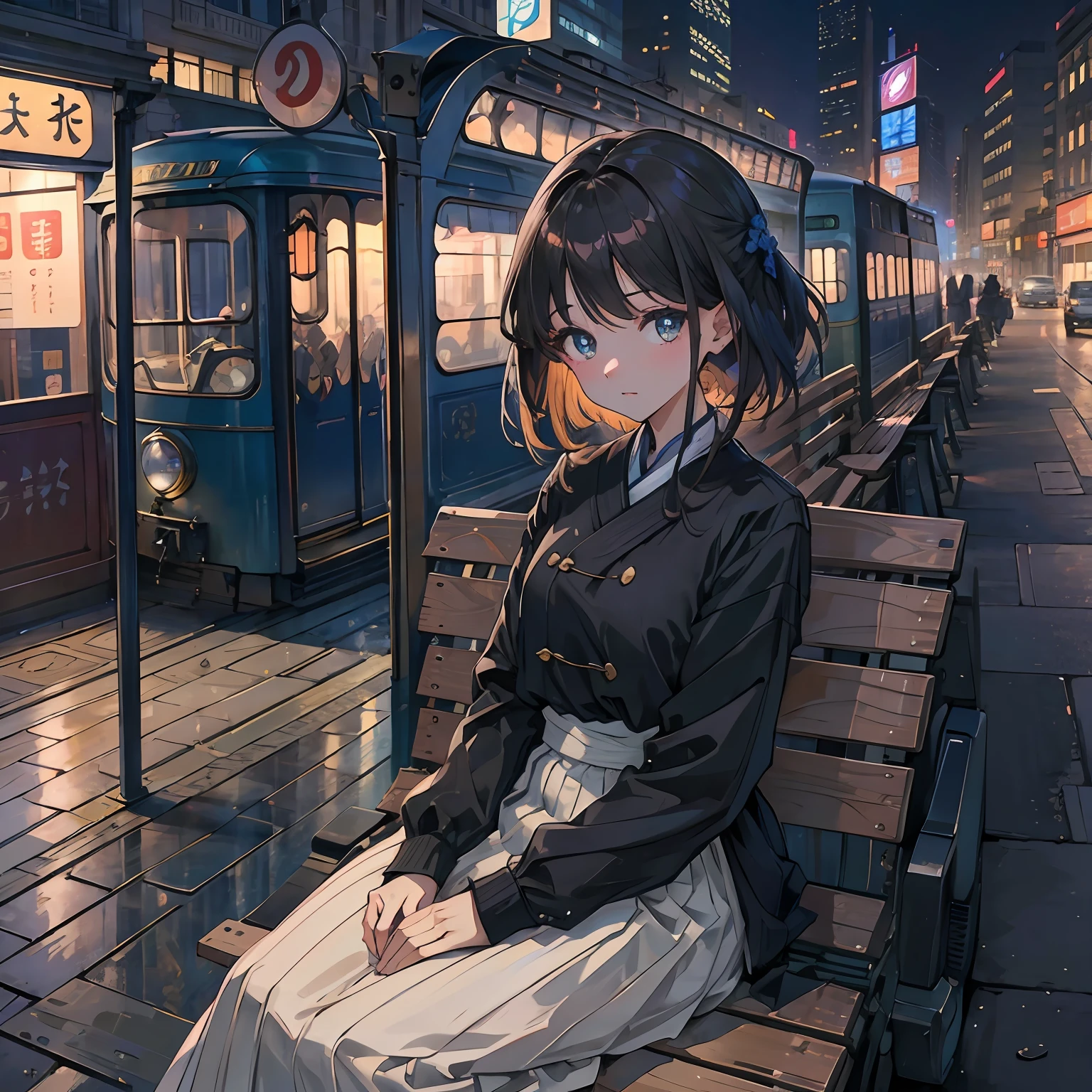 1girll, brunette color hair, whiteskirt, Sit on a bench, trams, urban backdrop, perfect eyes, perfect hand, 超高分辨率, Movie Angle, Professional lighting, best qualtiy, tmasterpiece, Sideslit, Sharp, Perfect focus,lakes,(Delicate eyes:1.3),realisticlying,(3D脸:1.1),(Glow skin:1.5),(Ultra-high resolution complex facial details),(Facial skin pores:1.3),Ultra-high ress fabric texture,8k eye details,8K pupils,