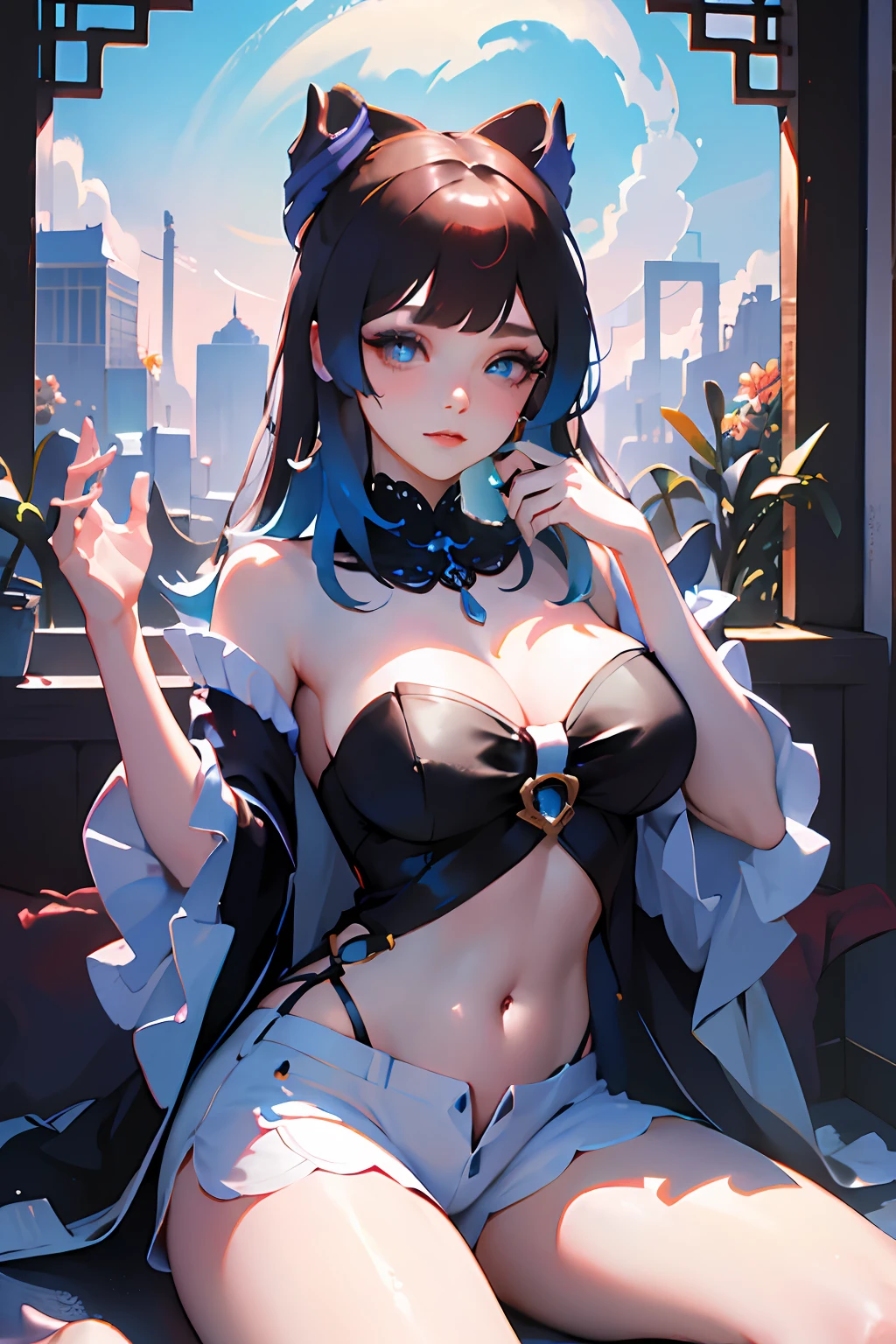masterpiece, best quality, 1girl, aqua eyes, black hair, closed mouth, multicolored background, looking at viewer, outdoors, solo, upper body, alluring, clean, beautiful face, pure face, pale skin, sexy pose,((tube top, off shoulder, navel, shorts)), long hair, ((perfect female figure)), mature female, milf, narrow waist, chinese deity, seductive, highly detailed,best quality, masterpiece, highres, original, extremely detailed 8K wallpaper,masterpiece, best quality, illustration, beautifully detailed eyes, cinematic lighting,