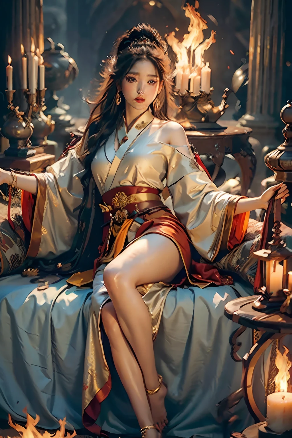 Best quality,masterpiece,ultra high res,(photorealistic:1.4)1girl,beautiful_face,detailed skin,full body,yuhuoshu,jewelry,solo,earrings,(fire:1.3),blurry,realistic,lips,