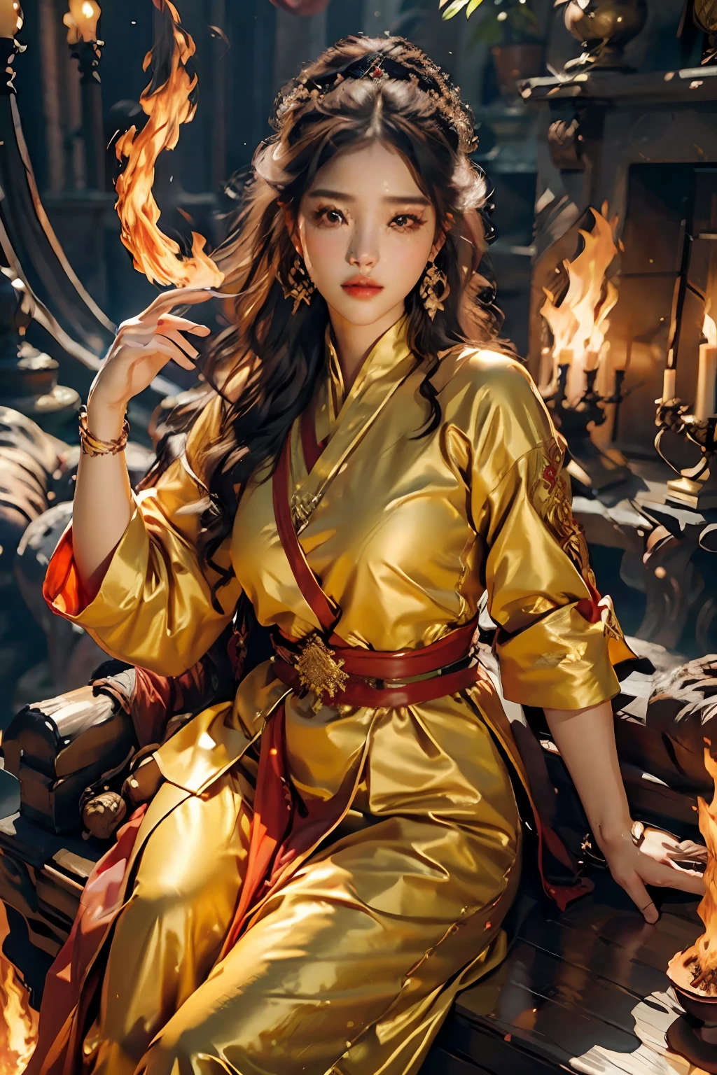 Best quality,masterpiece,ultra high res,(photorealistic:1.4)1girl,beautiful_face,detailed skin,full body,yuhuoshu,jewelry,solo,earrings,(fire:1.3),blurry,realistic,lips,