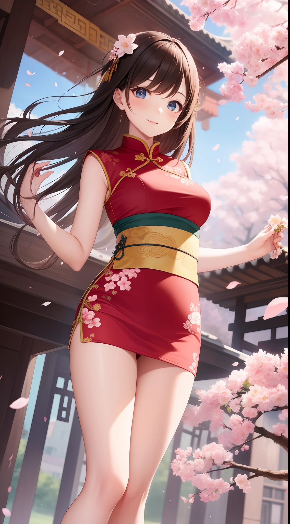 Masterpiece、hightquality、1girl in、Traditional Chinese Costume、a miniskirt、ancient city、Vibrant colors、Cute anime illustration、Cherry blossom petals fluttering in the wind、