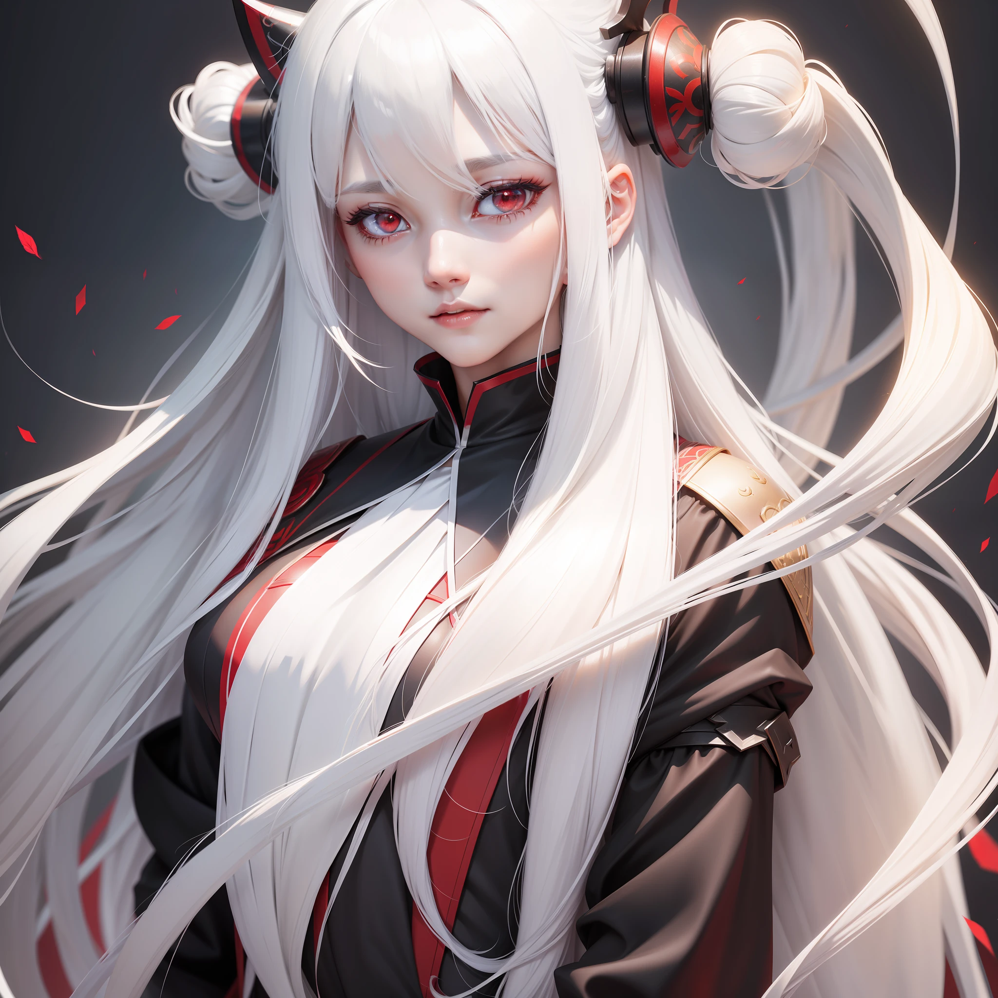 White hair, red eyes, character description, detailed details optimization: long  white hair,Qi bangs,Velvety texture,Red pupils,Bright and shining。