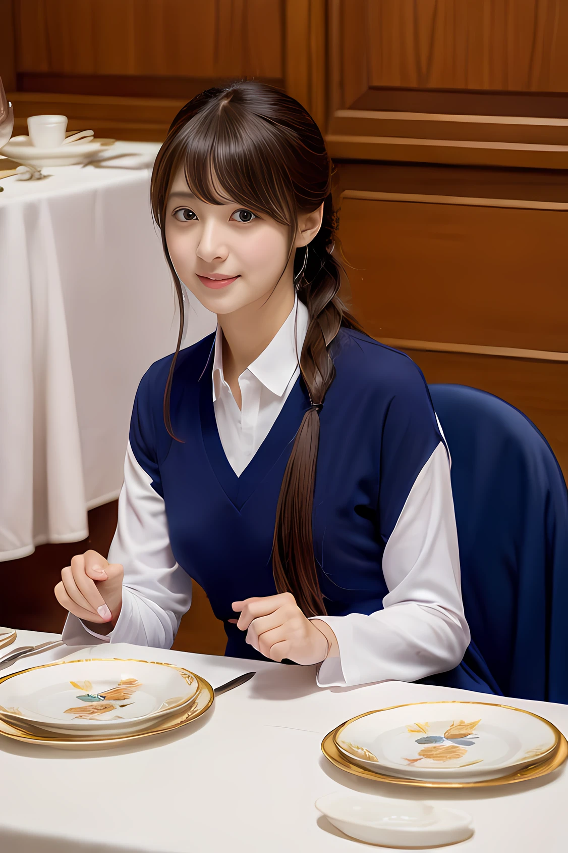 Anime character sitting around table in white tablecloth, For luxurious tablecloths, On a luxurious velvet tablecloth, isekai manga panel, cutscene, robed figures sat around a table, Isekai, tablecloth, ufotable, Princess at the royal banquet, sitting on table, umineko, 1Man girl、top-quality、masterpiece、超A high resolution、(Photorealsitic:1.4)、There is a manager woman wearing a baseball cap、wearing a dark blue polo shirt、poneyTail、baseball field