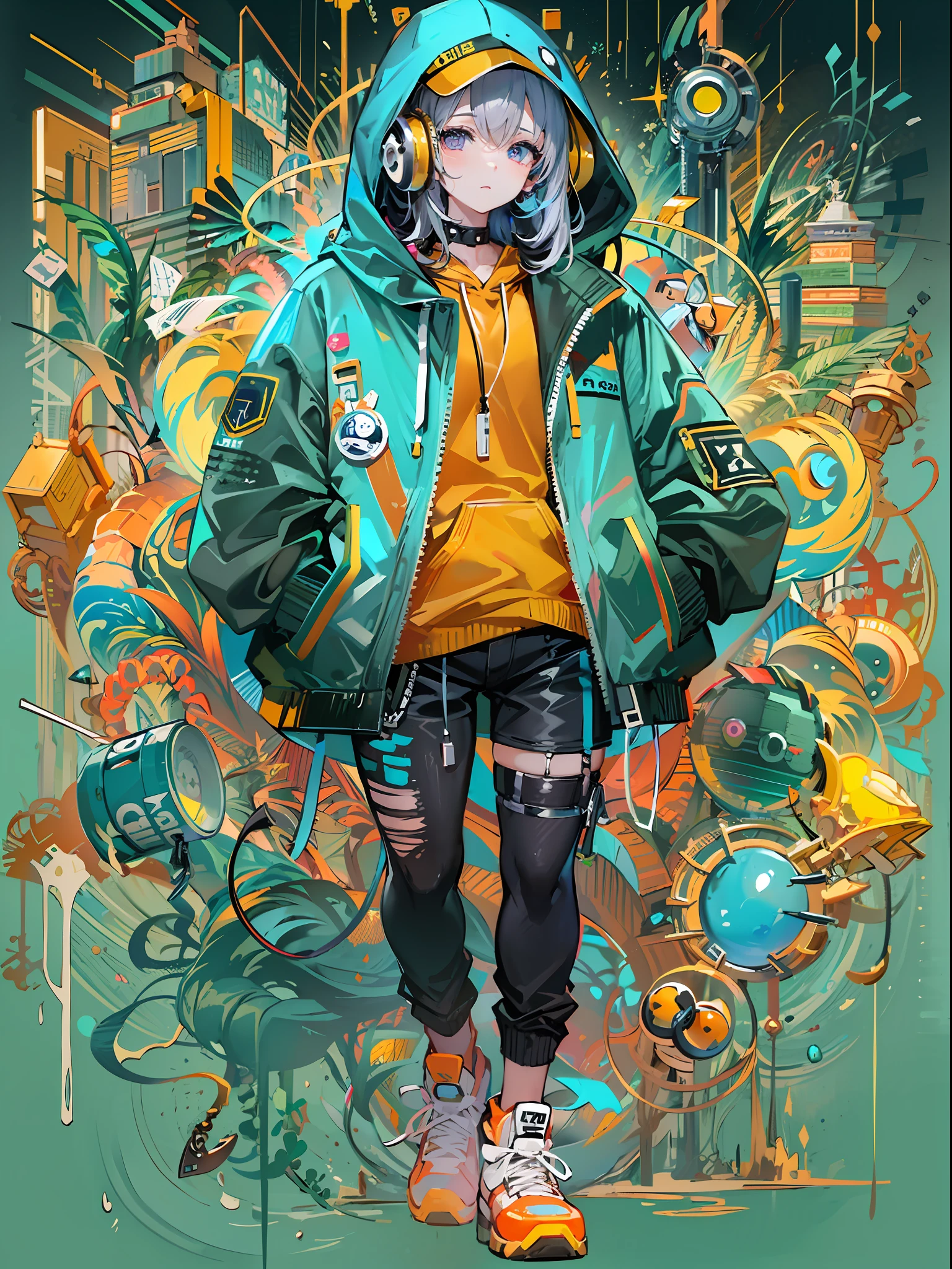 8K分辨率、((top-quality))、((masterpiece))、((ultra-detailliert))、1 woman、独奏、incredibly absurdness、Oversized hoodies、headphones、Street、plein air、Sateen、neons、Shortcut Hair、Brightly colored eyes、Hands in pockets、shortpants、water dripping