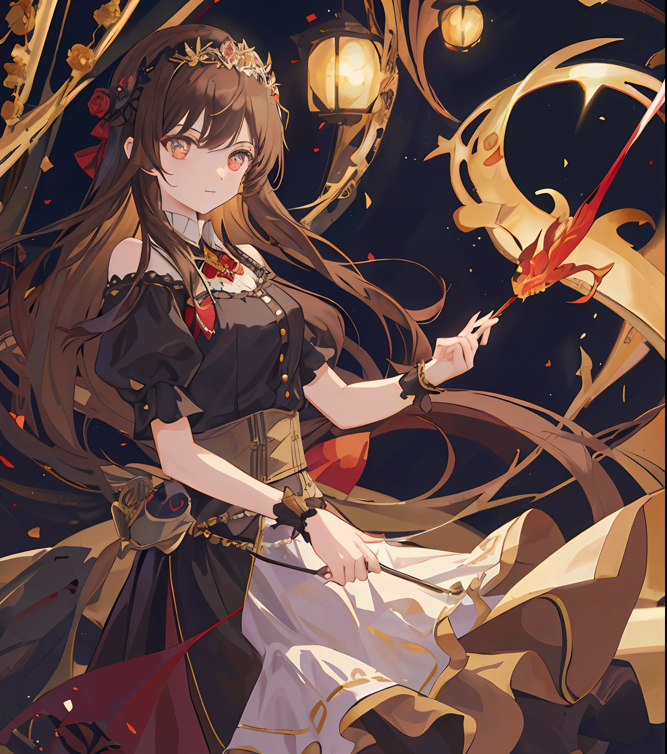 Masterpiece quality,The best quality assurance。A brown hair、Cute girl with golden eyes。She looks very arrogant,Wearing a short Gothic skirt,Exudes magic,With a rose headdress,English-style top,Long hair flutters in the wind,Playful and cute,devil horns,the sea,nigth