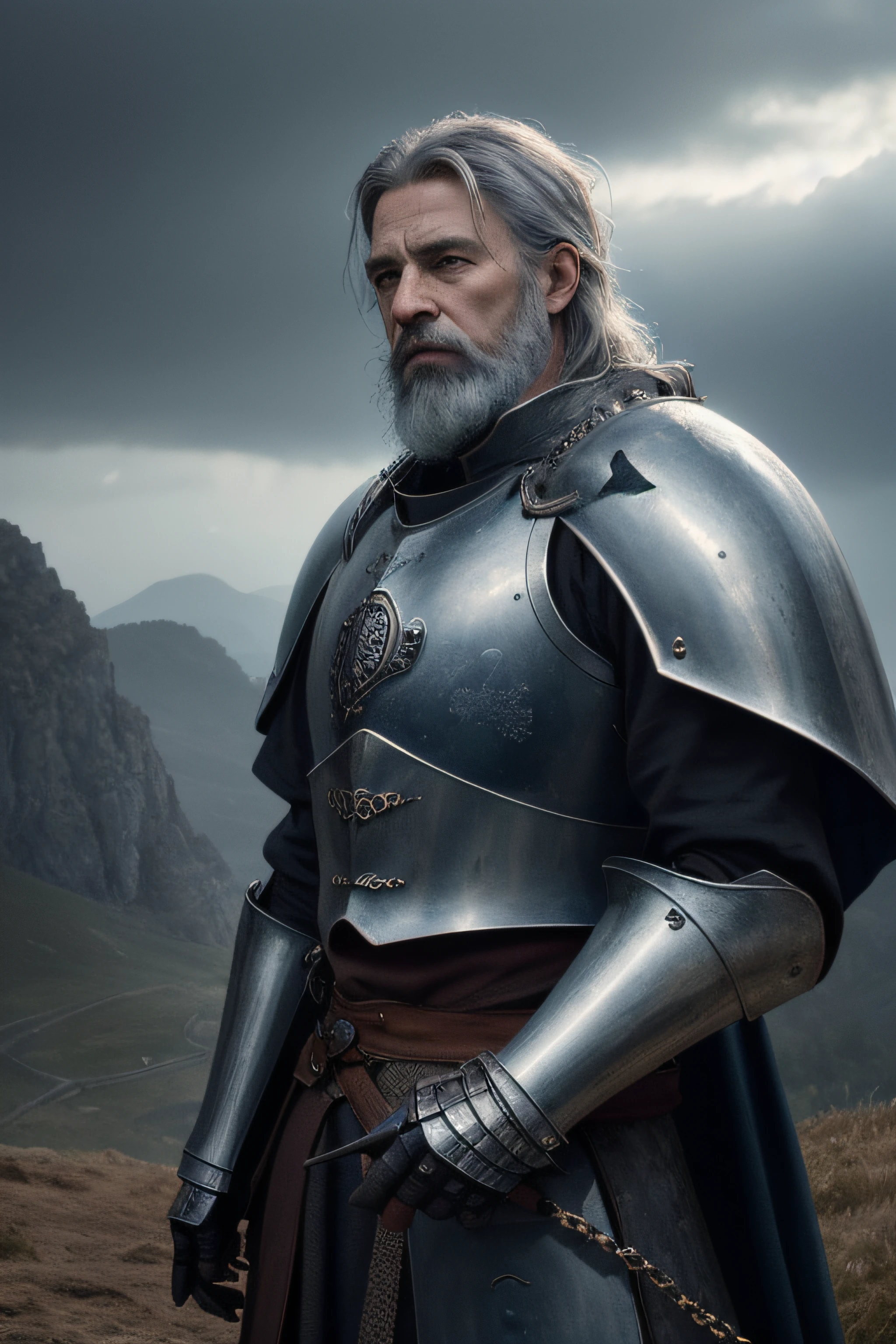 photorealistic, top quality, masterpiece, cinematic composition, slow motion, (medium shot of a medieval knight, sombre and weathered face, beard, grey hair:1.2), chain mail and plate armour, (realistic and detailed|intricate armour:1.1), (visible face:1.3), (photorealistic physiognomy|eyes|iris|skin|musculature, detailed skin, skin texture, natural skin), (holding a sword in his hand:1. 2), frontal perspective, imposing and determined pose, looking forward with determination, skin imperfections, natural skin wrinkles, natural skin spots, highly detailed clothes, abundant details, intricate details, realistic wrinkles in clothing, medieval fantasy landscape, cloudy sky, castle in the background in the distance, radiant lighting, deep shadows, dramatic scene, dark and cool colour palette, blue and grey tones, No other characters in the scene, abundant detail|intricate, detailed landscape, volumetric lighting, (detailed lighting), (detailed light reflections on armour:1. 1), 8k, highly detailed, UHD, HDR, photorealistic facial expression|hairstyle