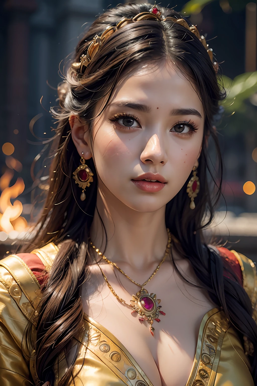 Best quality,masterpiece,ultra high res,(photorealistic:1.4)1girl,beautiful_face,detailed skin,full body,yuhuoshu,jewelry,solo,earrings,(fire:1.3),blurry,realistic,lips,