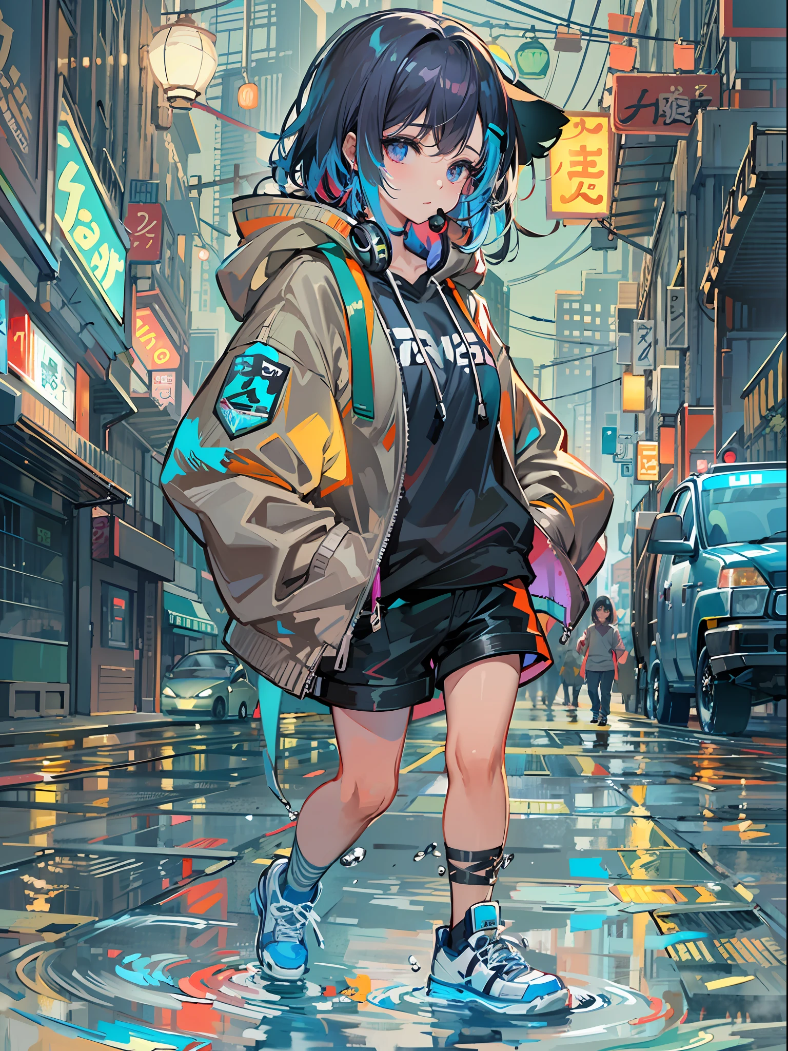 8K分辨率、((top-quality))、((​masterpiece))、((ultra-detailliert))、1 woman、独奏、incredibly absurdness、Oversized hoodies、headphones、Street、plein air、Sateen、neons、Shortcut Hair、Brightly colored eyes、Hands in pockets、shortpants、water dripping