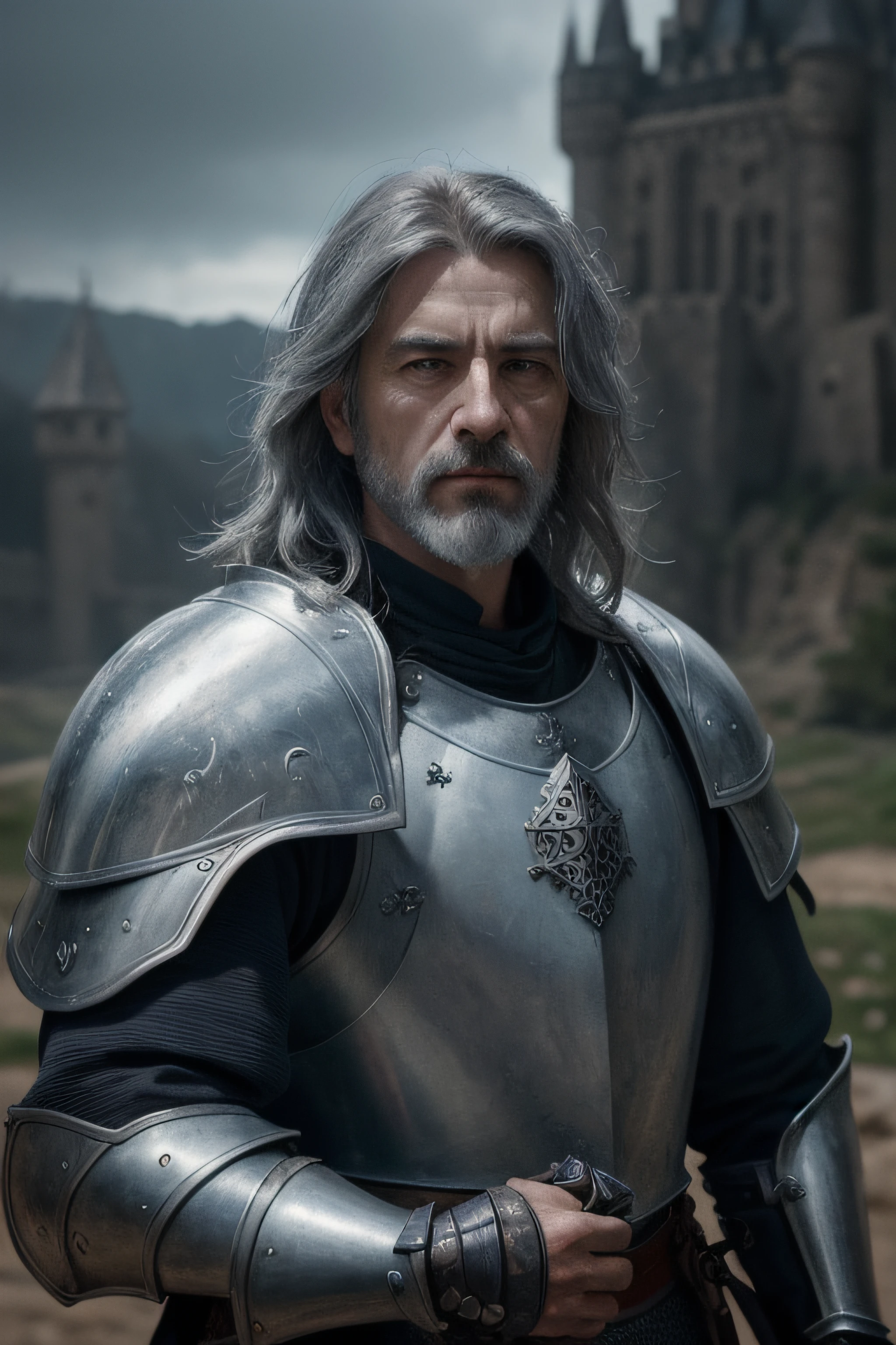 photorealistic, top quality, masterpiece, cinematic composition, slow motion, (medium shot of a medieval knight, sombre and weathered face, beard, grey hair:1.2), chain mail and plate armour, (realistic and detailed|intricate armour:1.1), (visible face:1.3), (photorealistic physiognomy|eyes|iris|skin|musculature, detailed skin, skin texture, natural skin), (holding a sword in his hand:1. 2), frontal perspective, imposing and determined pose, looking forward with determination, skin imperfections, natural skin wrinkles, natural skin spots, highly detailed clothes, abundant details, intricate details, realistic wrinkles in clothing, medieval fantasy landscape, cloudy sky, castle in the background in the distance, radiant lighting, deep shadows, dramatic scene, dark and cool colour palette, blue and grey tones, No other characters in the scene, abundant detail|intricate, detailed landscape, volumetric lighting, (detailed lighting), (detailed light reflections on armour:1. 1), 8k, highly detailed, UHD, HDR, photorealistic facial expression|hairstyle