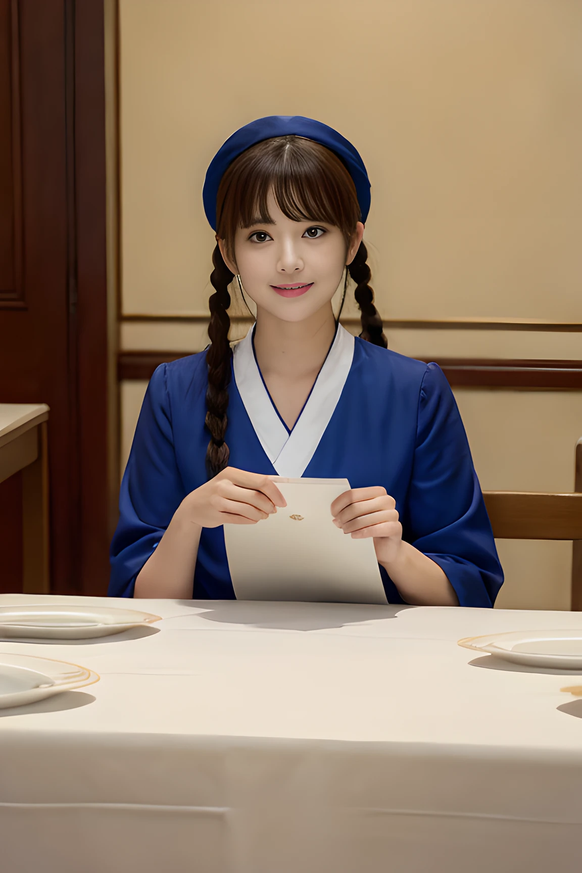 Anime character sitting around table in white tablecloth, For luxurious tablecloths, On a luxurious velvet tablecloth, isekai manga panel, cutscene, robed figures sat around a table, Isekai, tablecloth, ufotable, Princess at the royal banquet, sitting on table, umineko, 1Man girl、top-quality、masterpiece、超A high resolution、(Photorealsitic:1.4)、There is a manager woman wearing a baseball cap、wearing a dark blue polo shirt、poneyTail、baseball field