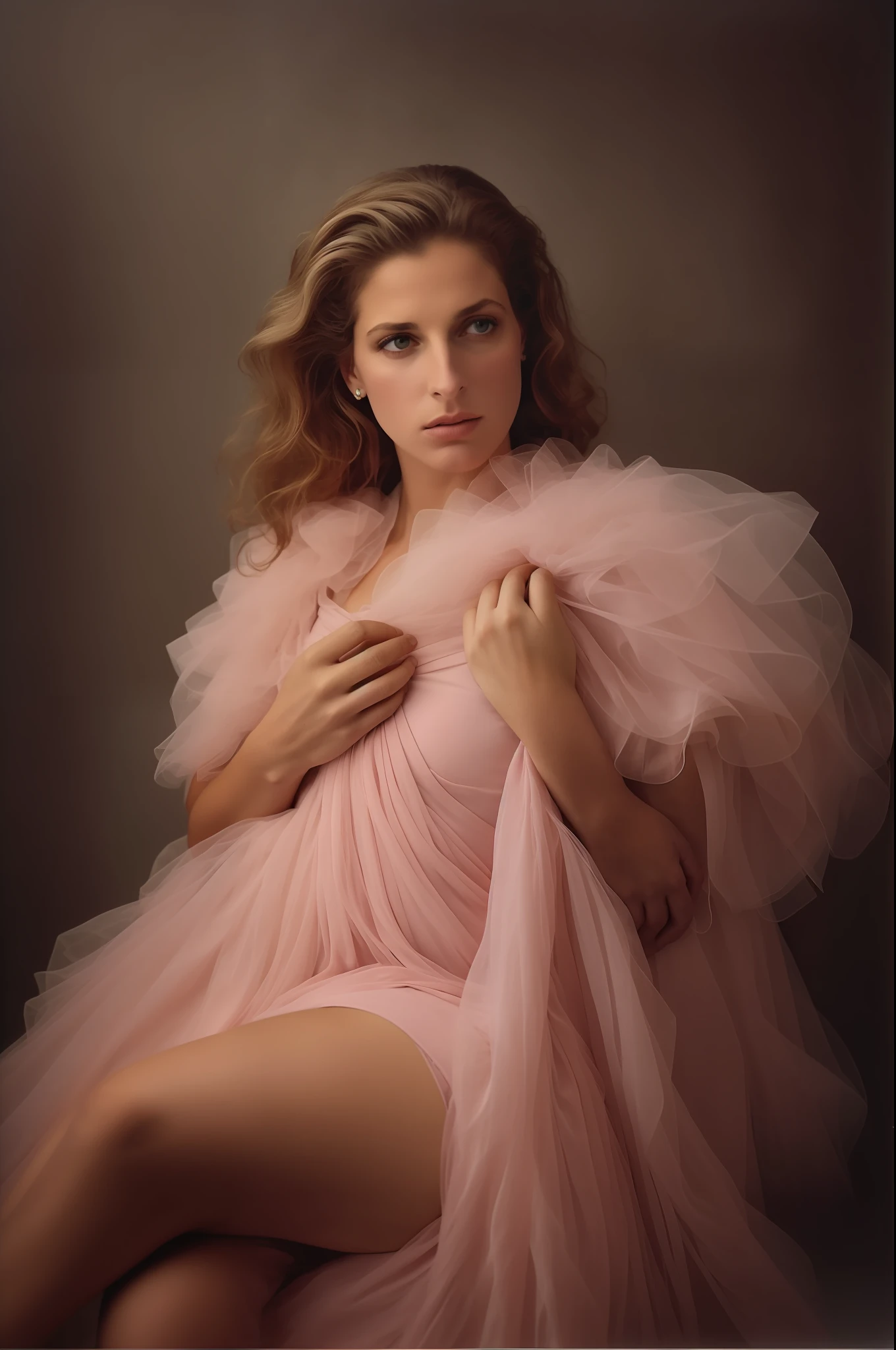 mulher arafed em um vestido rosa sentado em uma cadeira, inspirado em Annie Leibovitz, Annie Leibovitz Fotorrealista, Mirka Andolfo, Aninha Liebovitz, Annie Liebovitz Fotografia, inspired by Anna Füssli, Annie Leibovitz Fotografia, Aninha Leibovitz. foto detalhada, Directed by: Annie Leibovitz