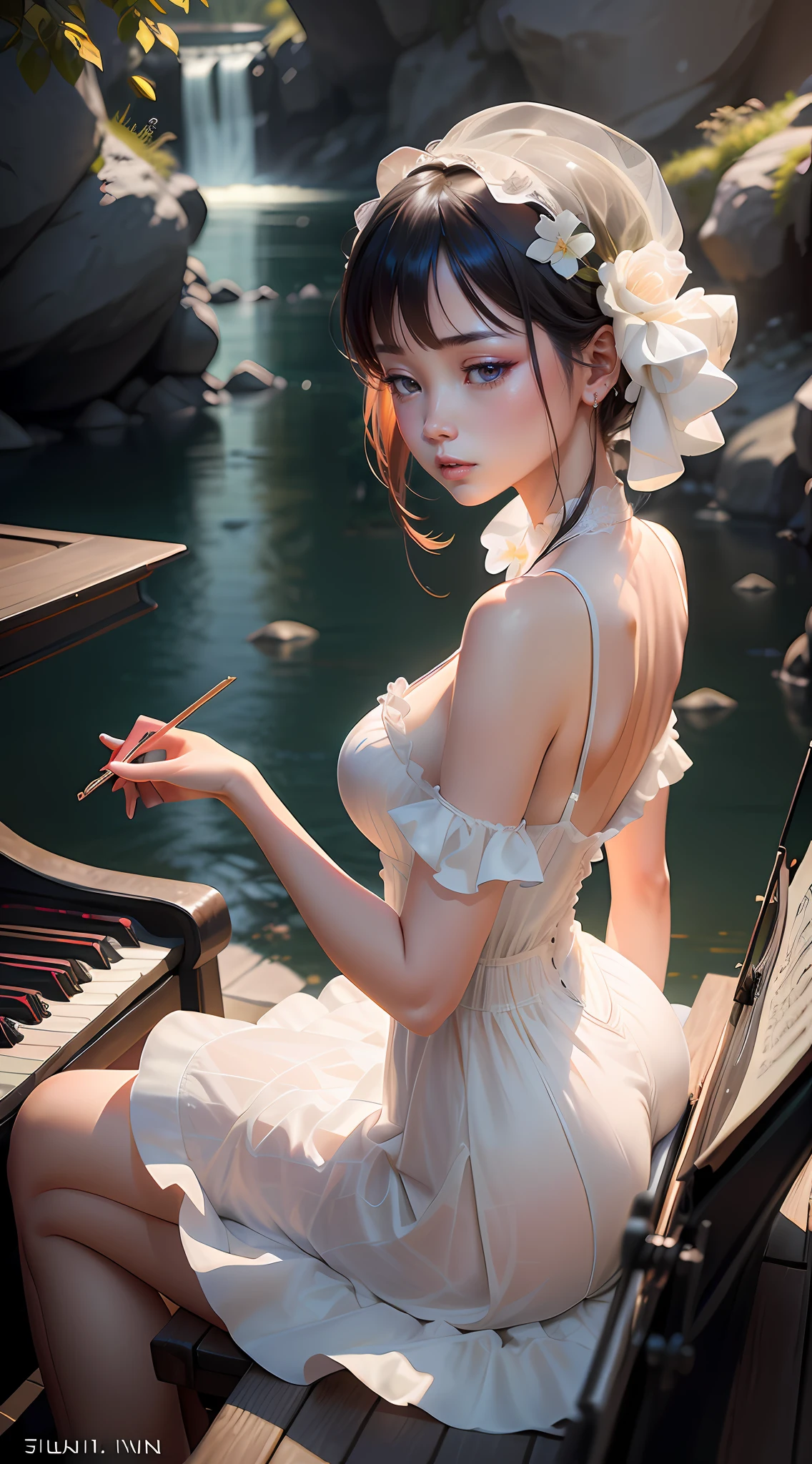 A woman in a white dress plays the piano in front of the river, Guviz-style artwork, Guviz, By Li Song, by Yang J, author:Wang Lei, 8K high quality detailed art, trending on cgstation, yanjun cheng, Beautiful digital artwork, guweiz masterpiece, Artgerm et WLOP
