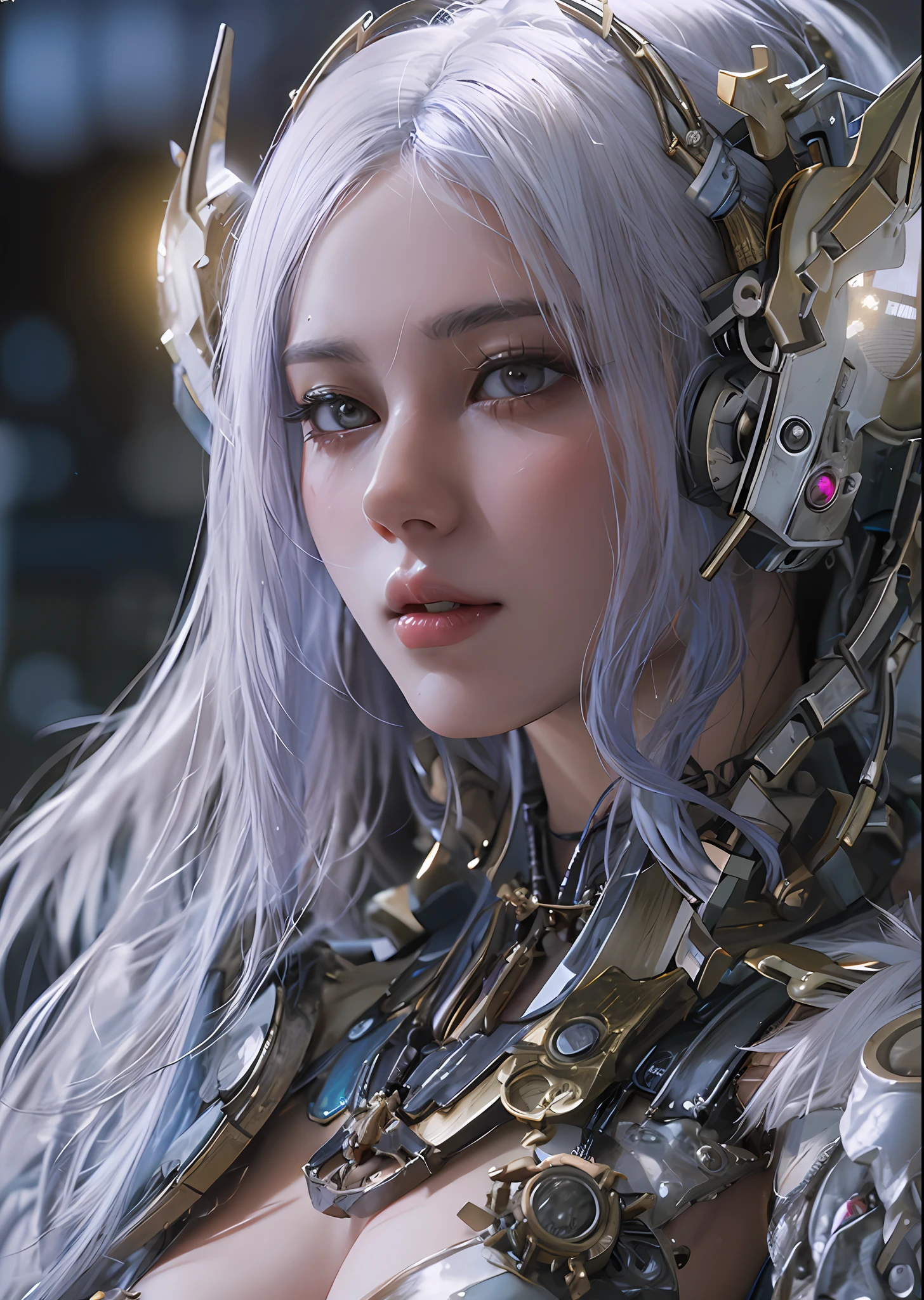 top-quality、​masterpiece、超A high resolution、(Photorealsitic:1.4)、Raw photo、Steampunk Battle Cyborg Angel、large wings made of metal、White porcelain body、Acrylic Clear Cover、white  hair、glowy skin、1 Cyborg Girl、((super realistic details))、portlate、globalillumination、Shadow、octan render、8K、ultrasharp、character edge light,Colossal tits、Raw skin is exposed in cleavage、Details of complex ornaments、Sumerian details、Hydraulic cylinder、Small LED lamp、highly intricate detail、Realistic light、a purple eye、radiant eyes、Facing the camera、neon details、cowboy  shot、Futuristic headgear、About Cyberpunk、、