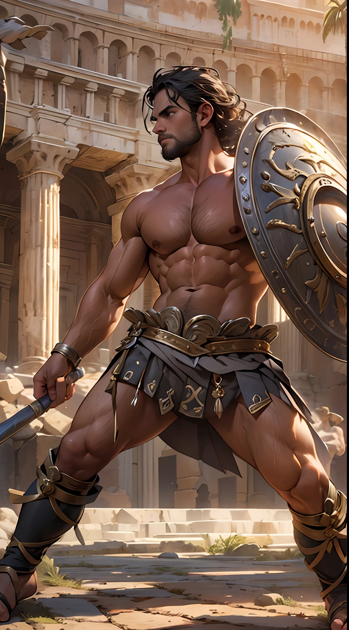 Herculean gladiator, bare chest, lower body revealed from thighs to feet, long curls cascading, meticulous muscle definition, photorealistic portrayal, 4K quality. Background: Colosseum in ancient Rome,32k uhd, best quality, masterpiece, super detail, high details