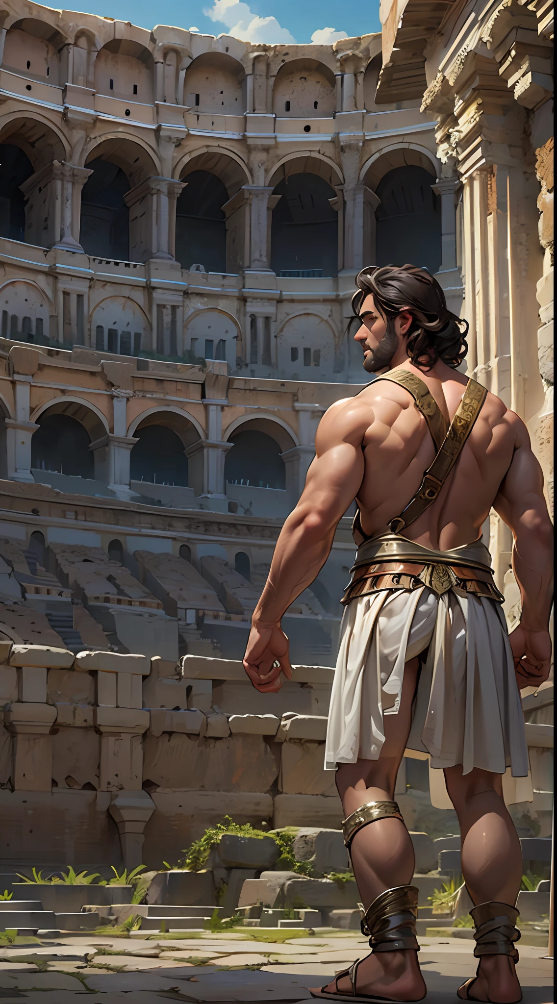 Herculean gladiator, bare chest, lower body revealed from thighs to feet, long curls cascading, meticulous muscle definition, photorealistic portrayal, 4K quality. Background: Colosseum in ancient Rome,32k uhd, best quality, masterpiece, super detail, high details